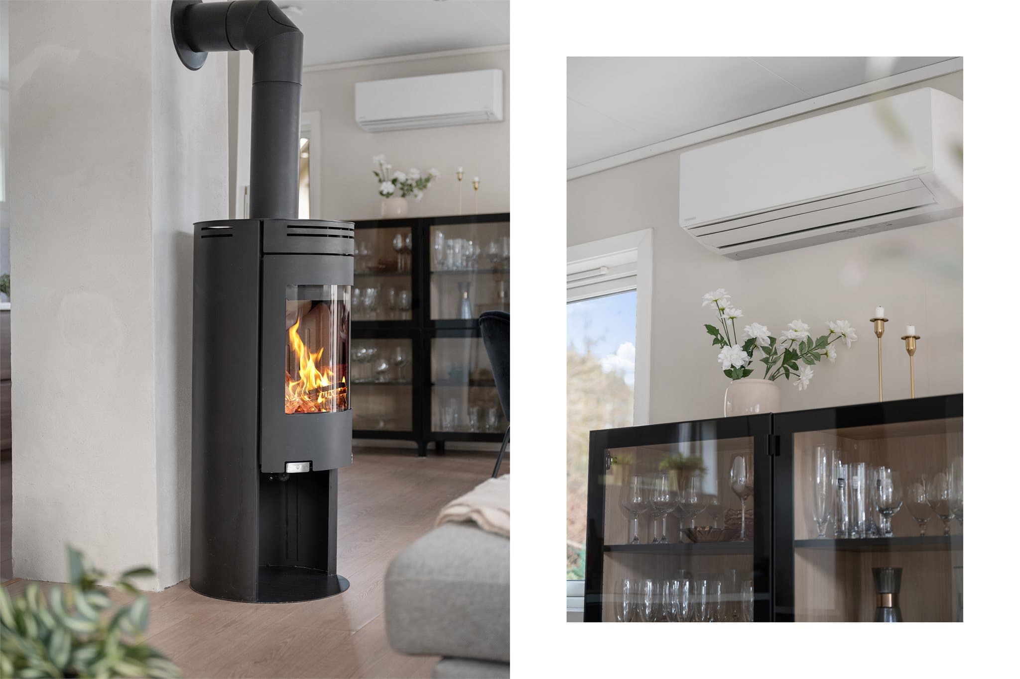 - Varmepupe og ildsted i stuen bidrar til lavere strømutgifter og til ekstra hygge -