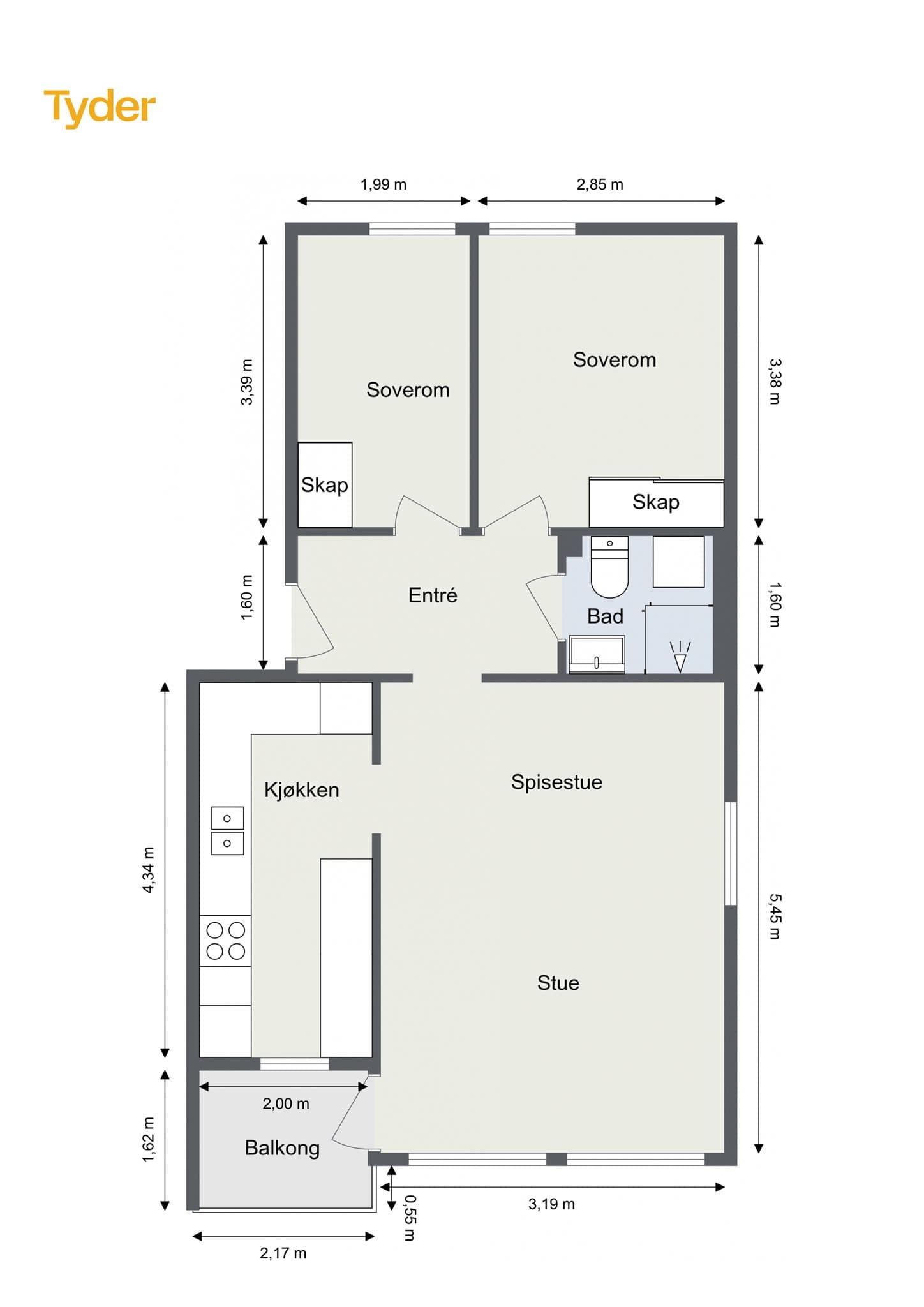 Plantegning. Leiligheten disponerer 2 eksterne boder i kjelleren.