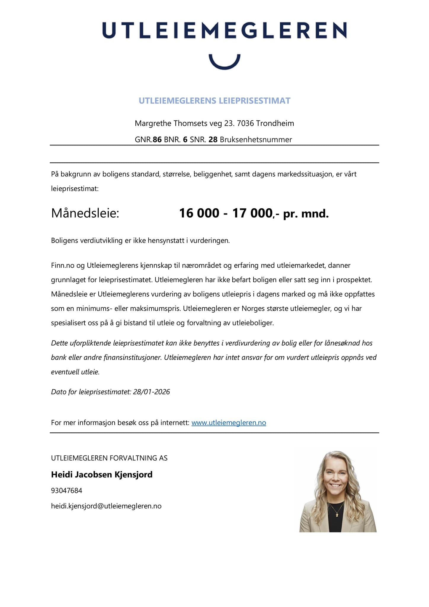 Leieprisestimat - Margrethe Thomsets veg 23