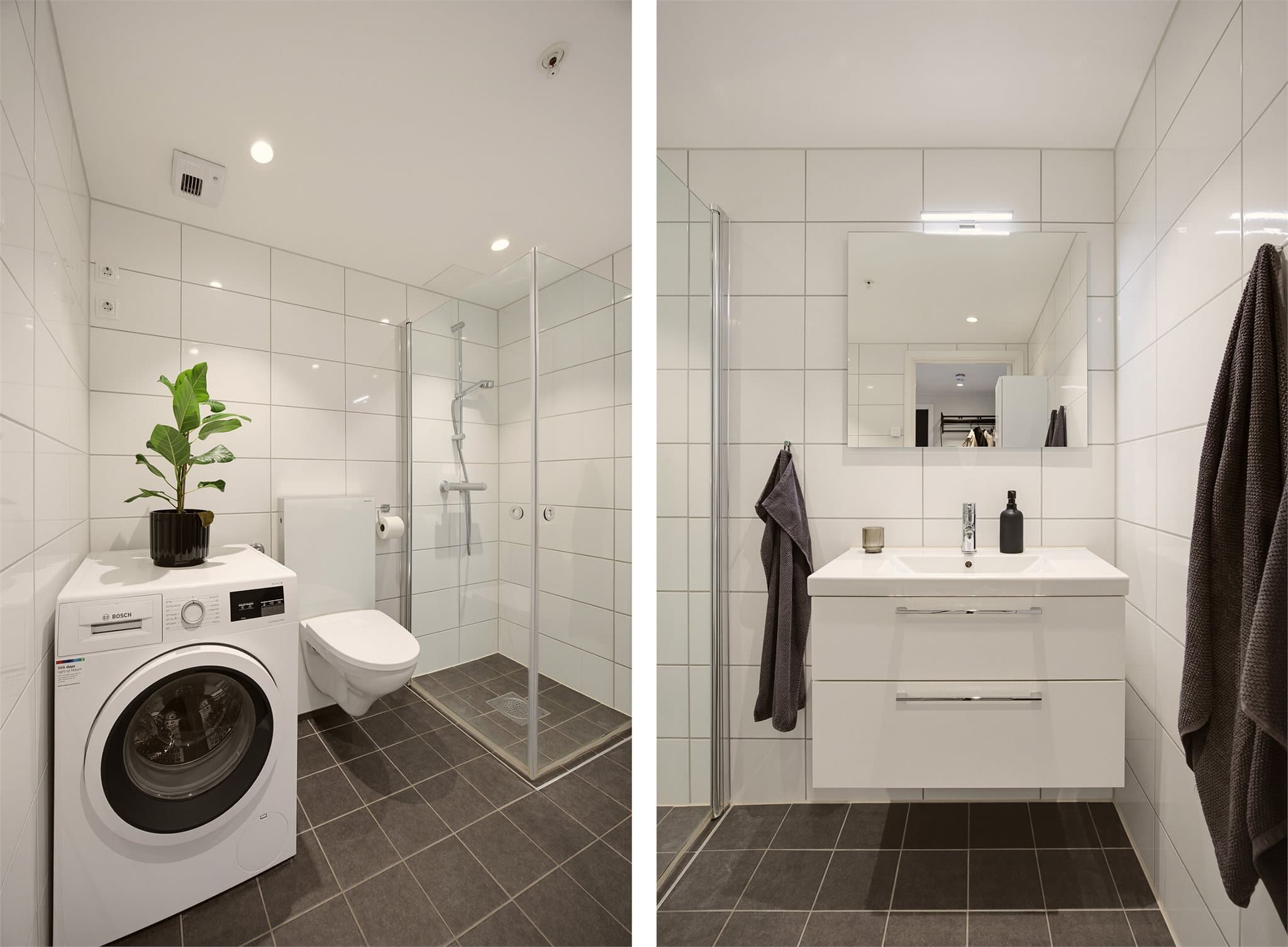 Badet er innredet med dusjsone, servantinnredning og vegghengt toalett.