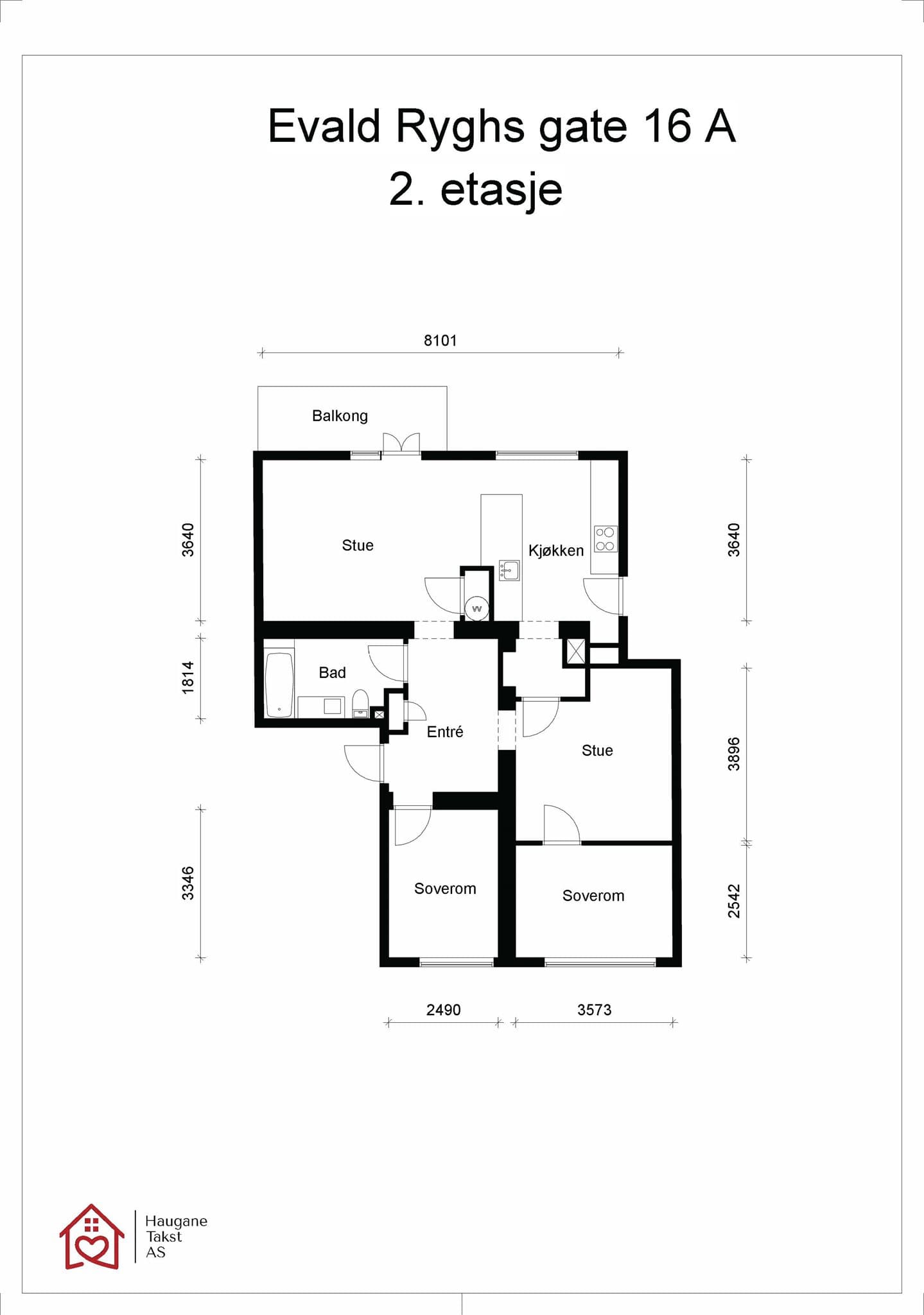 Plantegning. Leiligheten disponerer en bod i kjeller på 9 m² og en bod på loft på 4 m² (Gulvarealet er målt til ca. 7 m²).