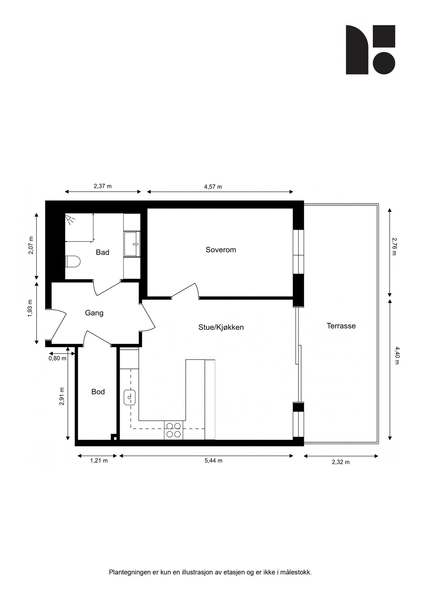Plantegning. Leiligheten disponerer intern bod samt en kjellerbod på ca. 5 m².