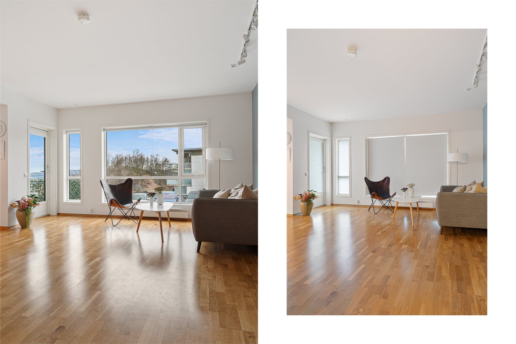 - Stuens praktiske løsning gir rom for sofagruppe og spisebord i hver sin naturlige sone -