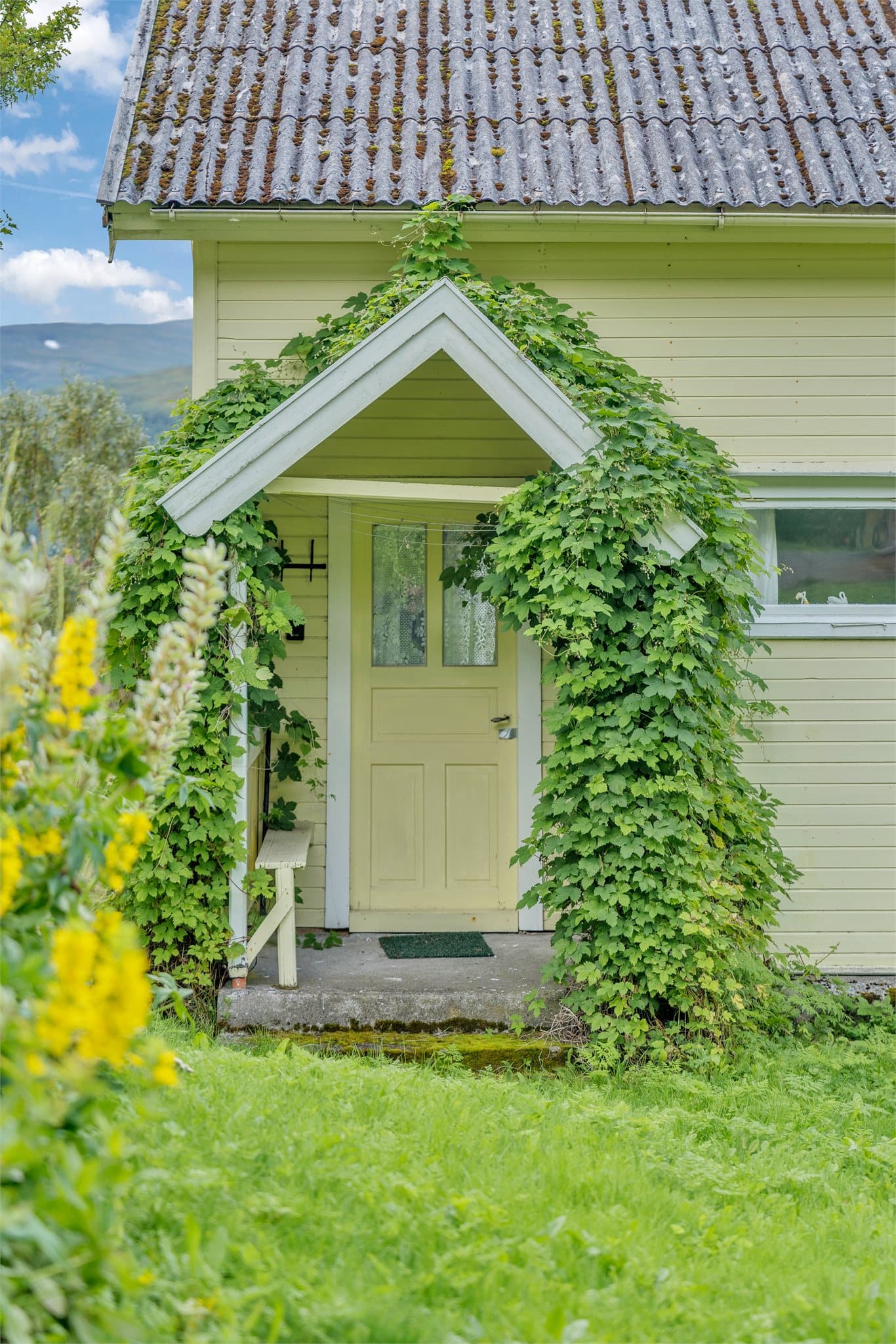 Det opprinnelige inngangspartiet er innrammet av frodig klatrevegetasjon