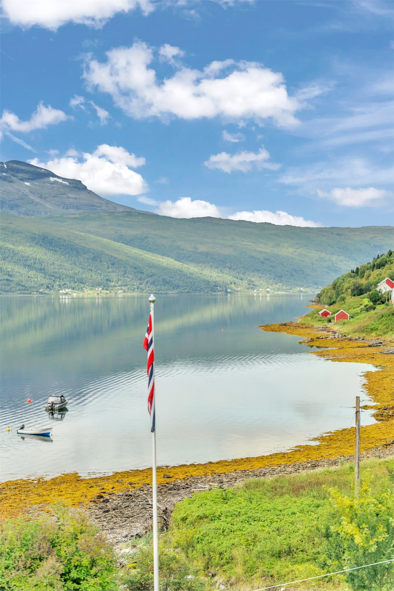 Utsikt mot fjorden og strandlinjen fra eiendommen.