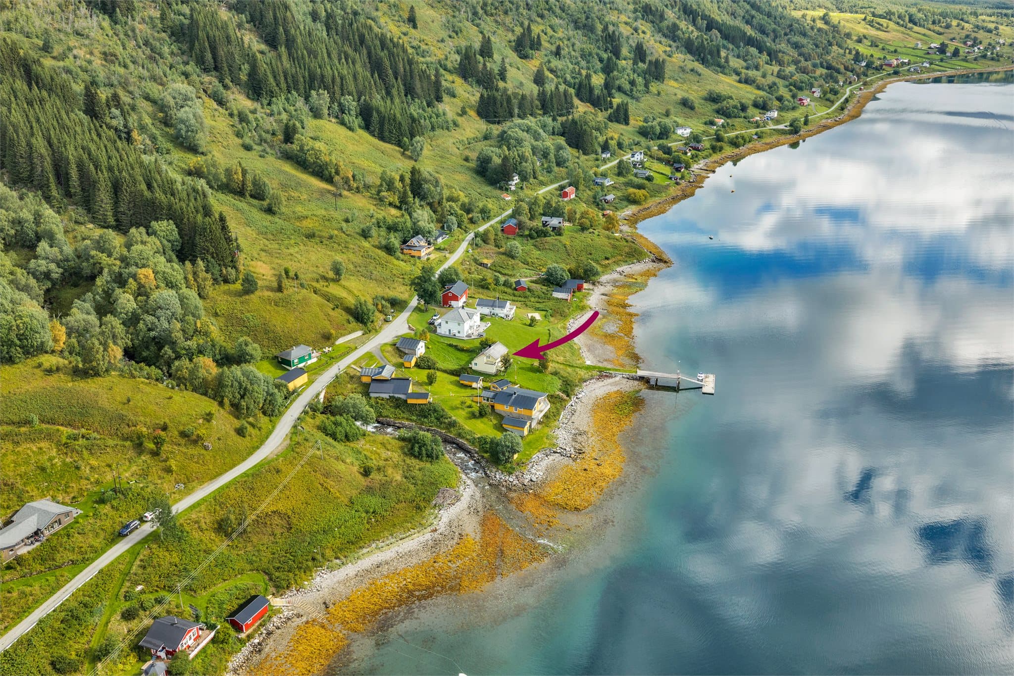 Liaveien bukter seg langs fjorden med spredt bebyggelse og rolige omgivelser.