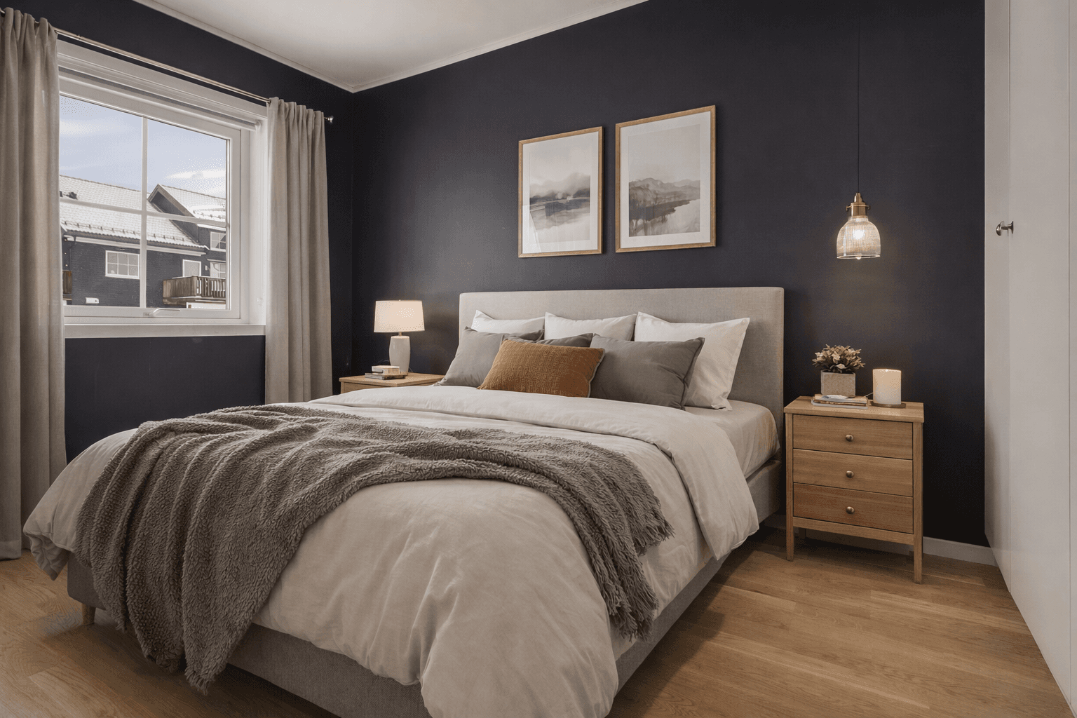 Hovedsoverommet har god plass for dobbeltseng. Bildet er innredet ved hjelp av KI-verktøy.