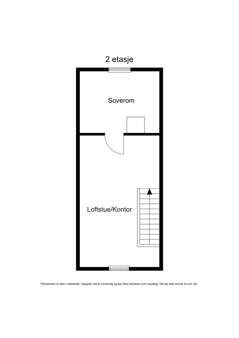 Plantegning loft. Det foreligger ikke tegninger eller byggesak for innredning av loft.