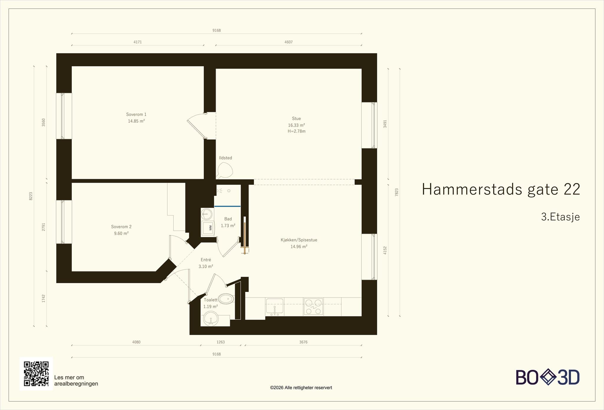 Plantegning. Leiligheten disponerer en loftsbod på ca. 5 m² og to kjellerboder på til sammen ca. 8 m².