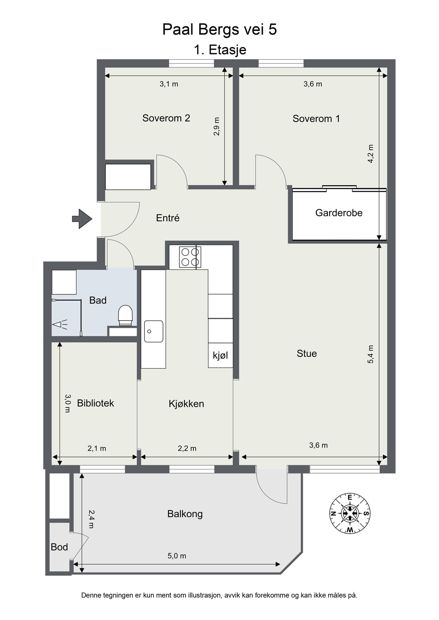 Plantegning. Leiligheten er opprinnelig en 4-roms og kan med enkle grep tilbakeføres til opprinnelig stand ved å sette opp vegg og dør i mellom bibliotek og kjøkken.