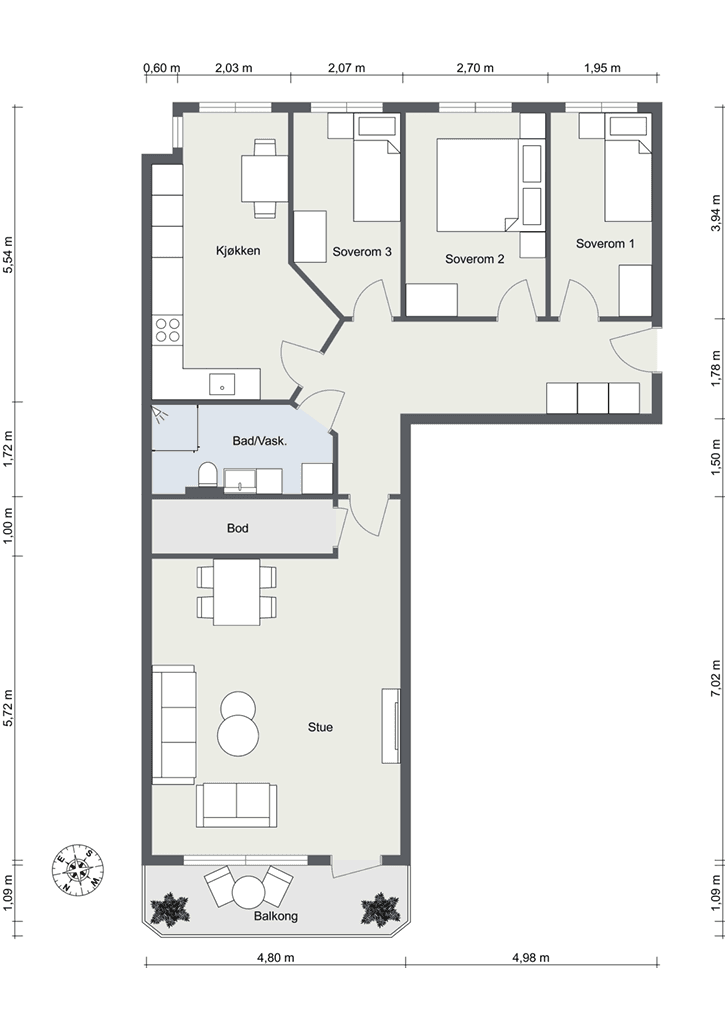 Plantegning. Leiligheten disponerer i tillegg en garasjeplass m/EL og loftbod.