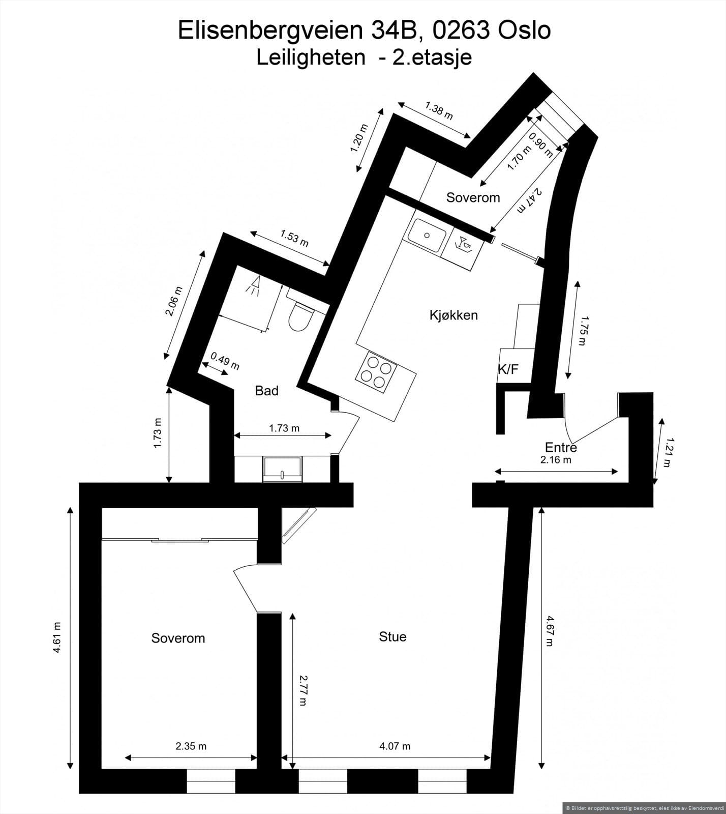 Plantegning. Leiligheten disponerer to kjellerboder på 2 m² hver, totalt 4 m².