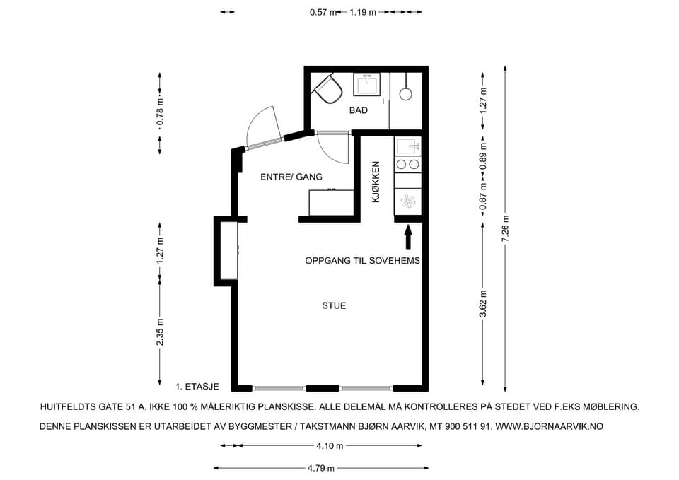 Plantegning. Boligen har hems og disponerer en kjellerbod på 2 m².