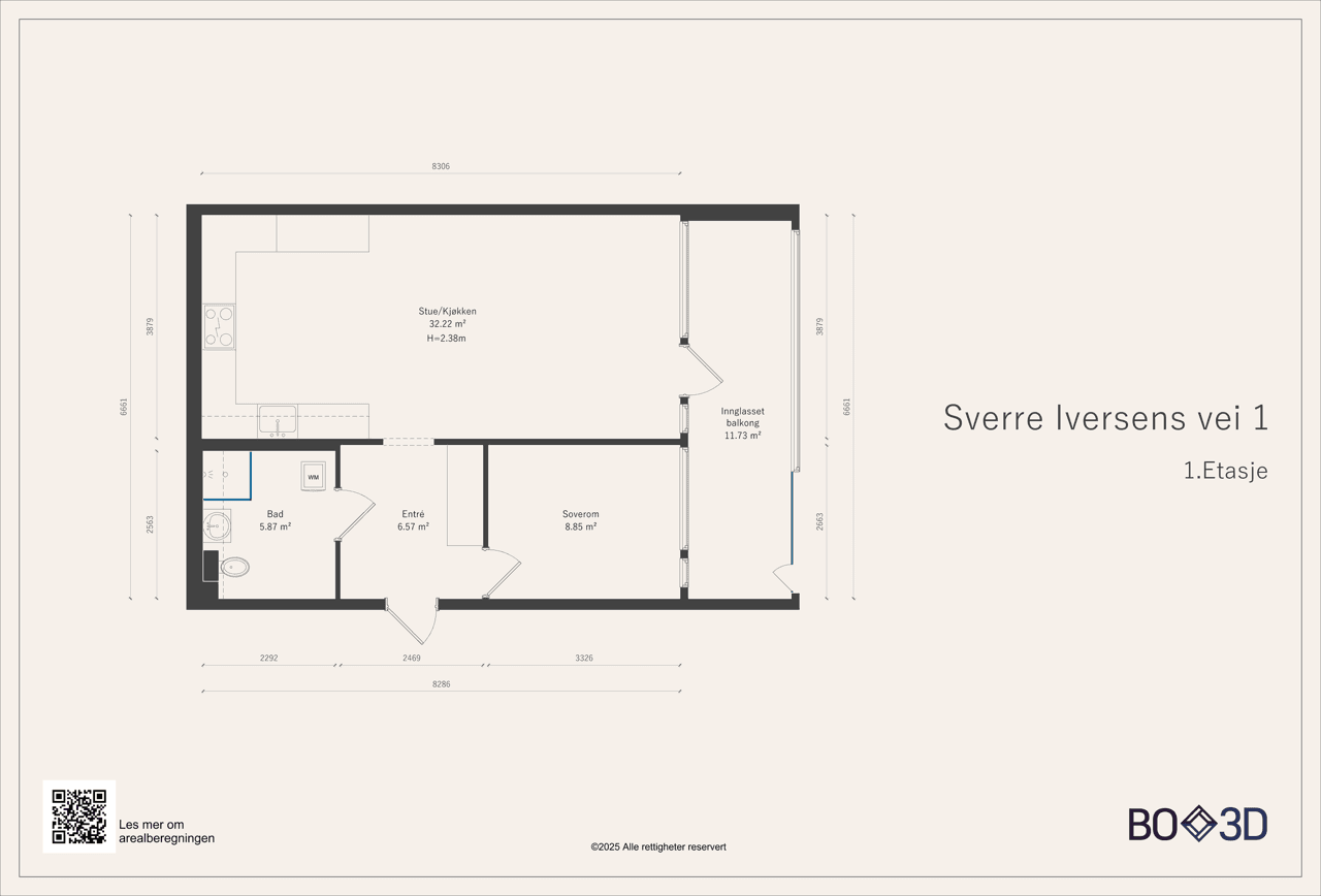 Plantegningen viser en arealeffektiv leilighet på 56 m² med entré, bad, soverom og stue/kjøkken.