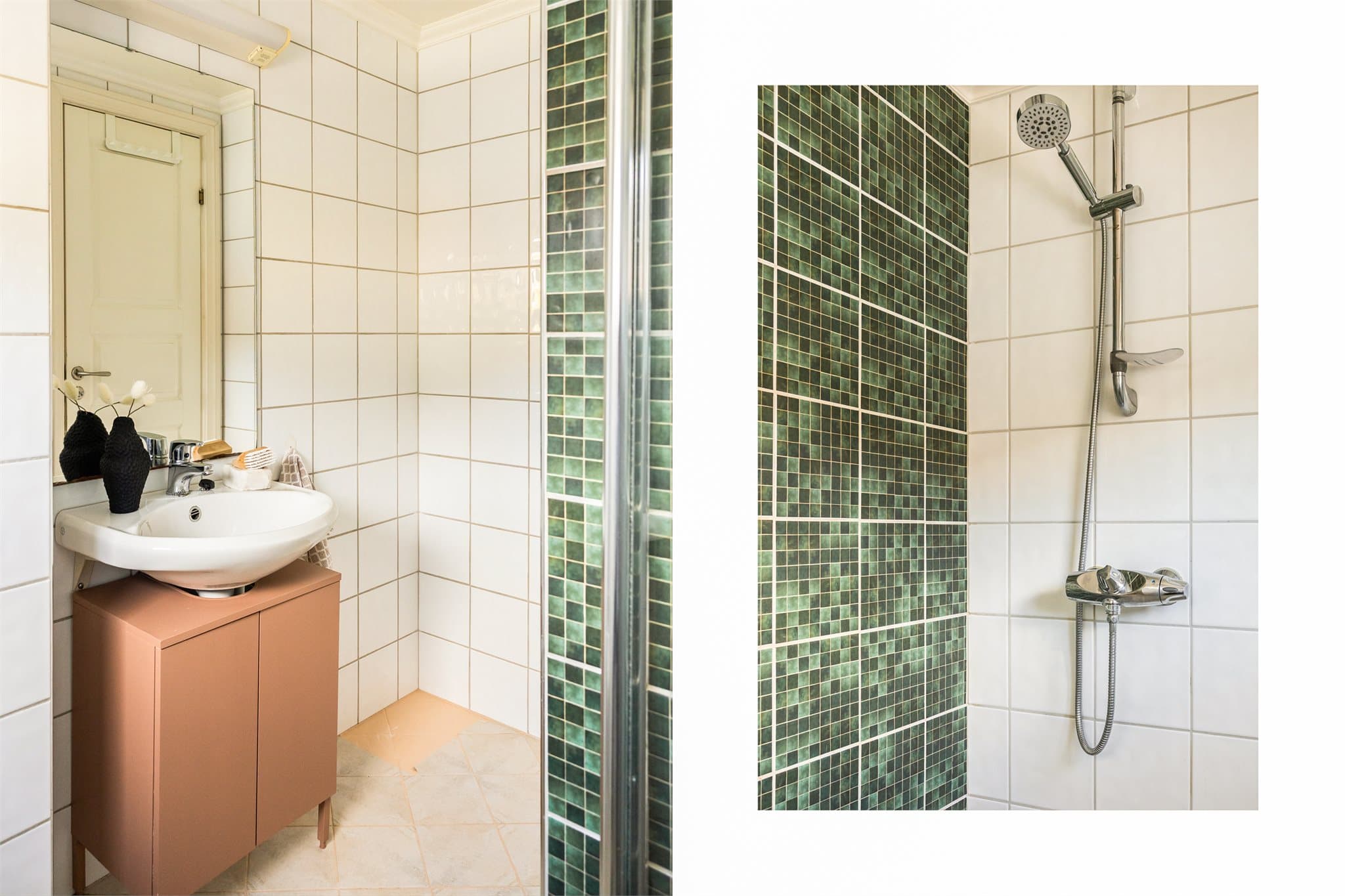Badet måler 3,7 m² og har keramiske fliser på gulv og vegger