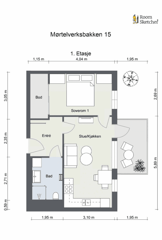 Plantegning. Leiligheten disponerer i tillegg en bod rett utenfor inngangsdøren.
