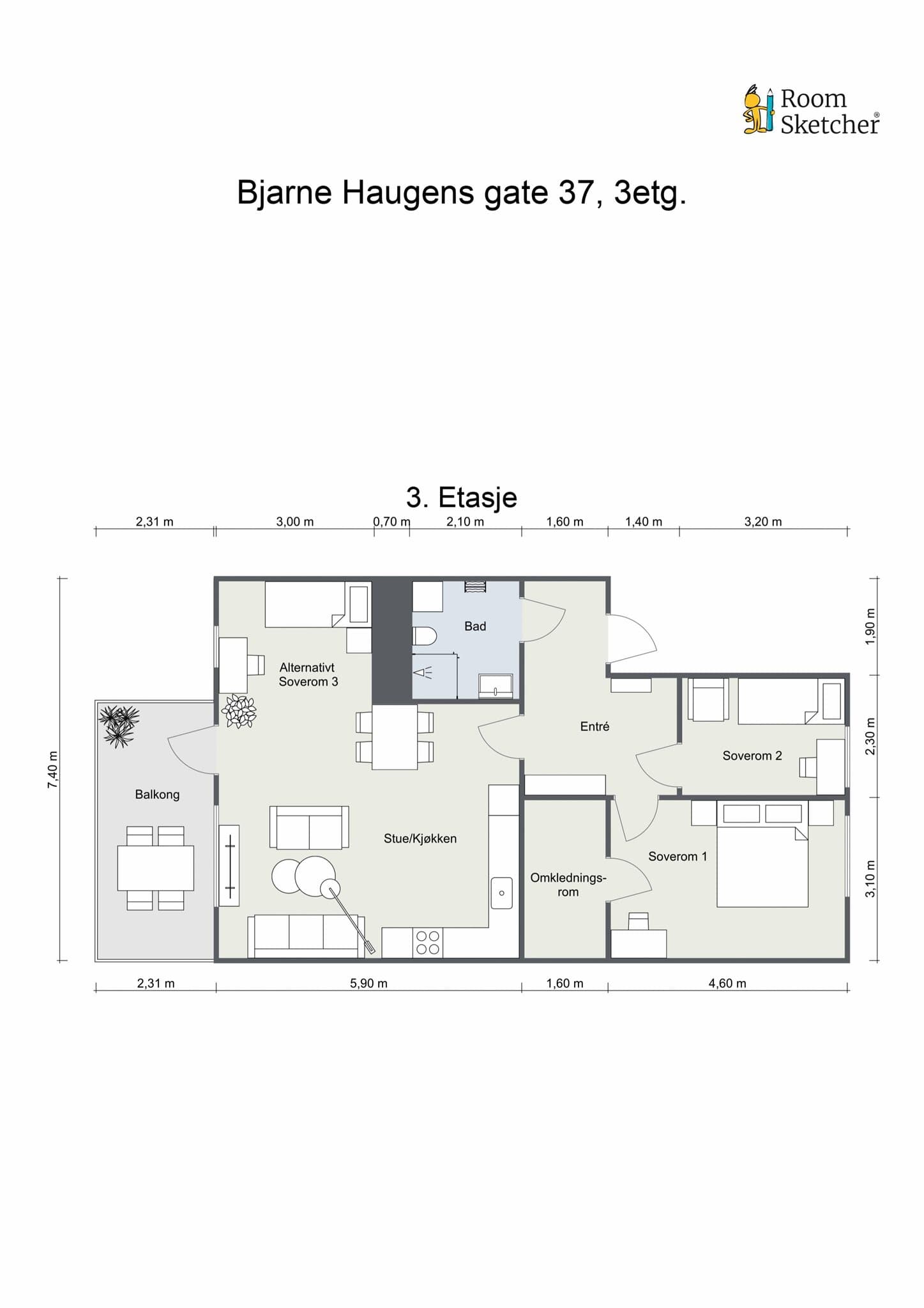 Leiligheten ligger i 3. etasje med heisadkomst. Ønsker man ett ekstra soverom, så er det mulighet til å sette opp en lettvegg i stuen.