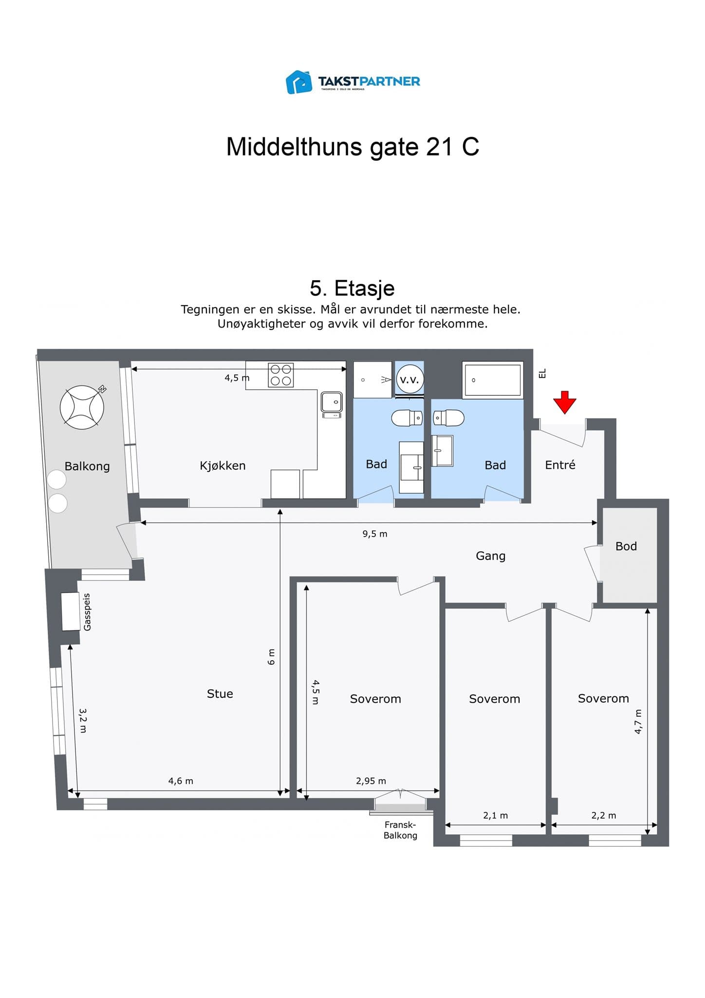 Plantegning. Leiligheten disponerer en kjellerbod på 4 kvm.