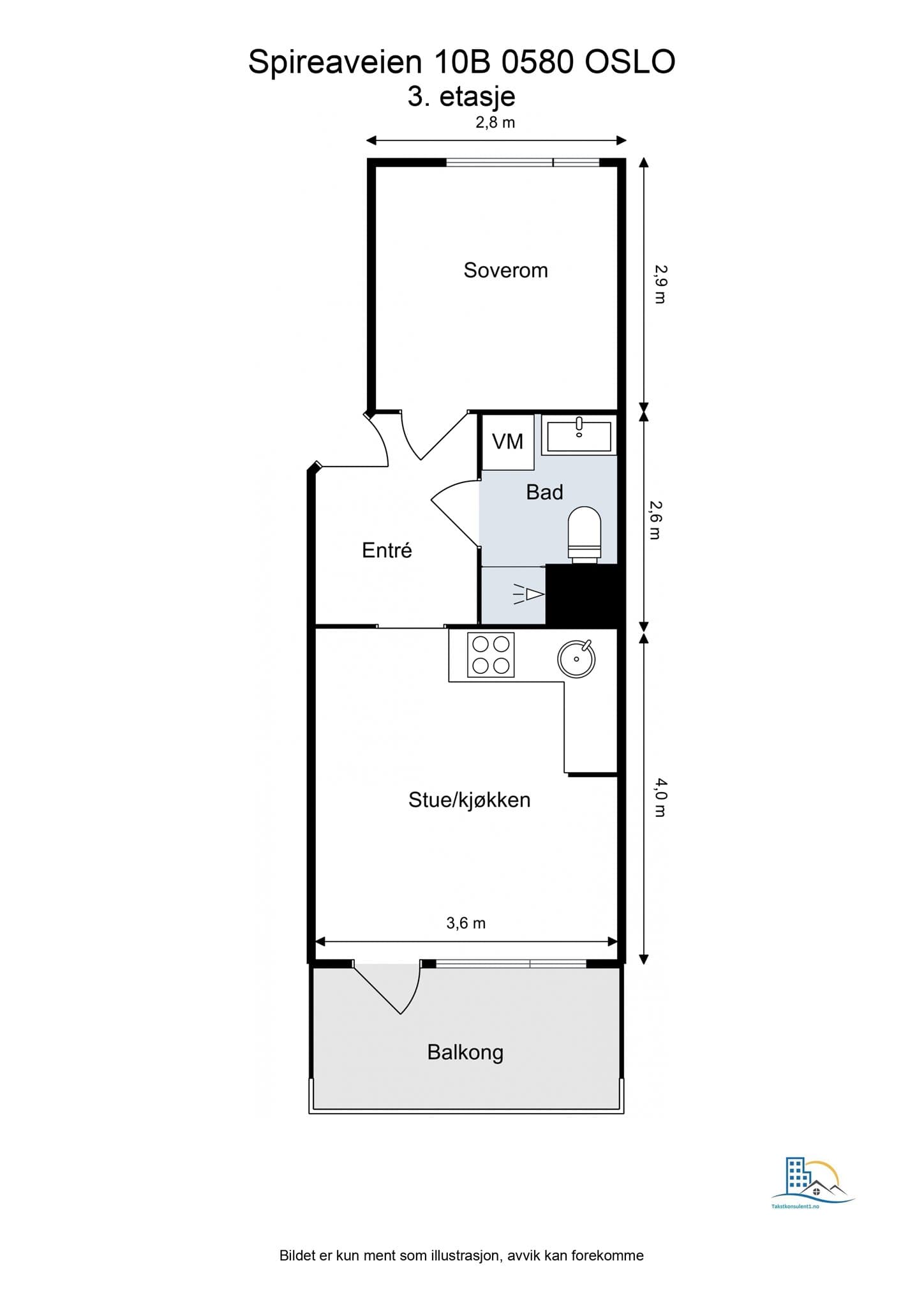 Plantegning. I tillegg disponerer leiligheten en kjellerbod på 5 m².