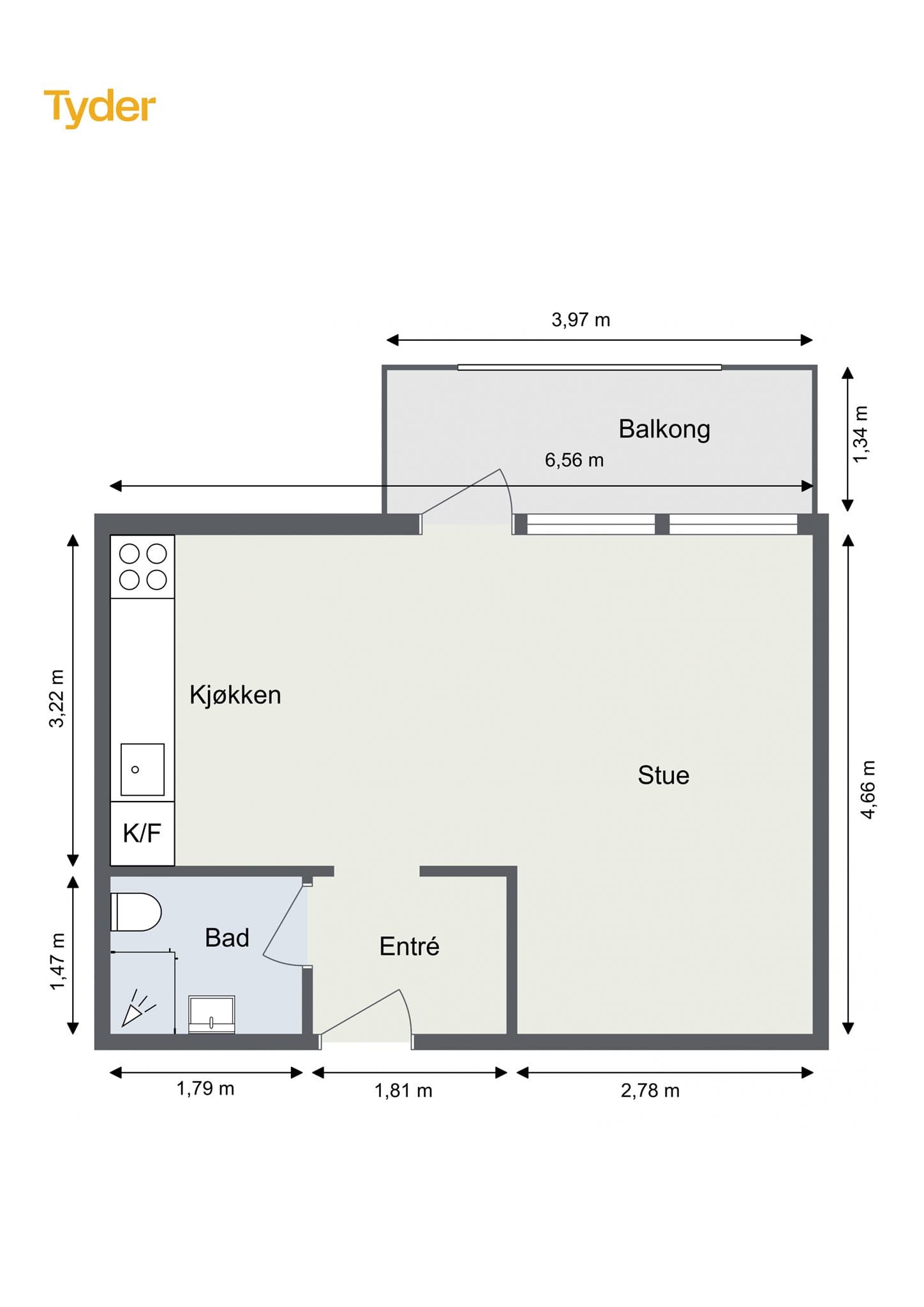 Plantegning. Leiligheten disponerer en ekstern kjellerbod på 2 m² og en ekstern loftsbod på 6 m².