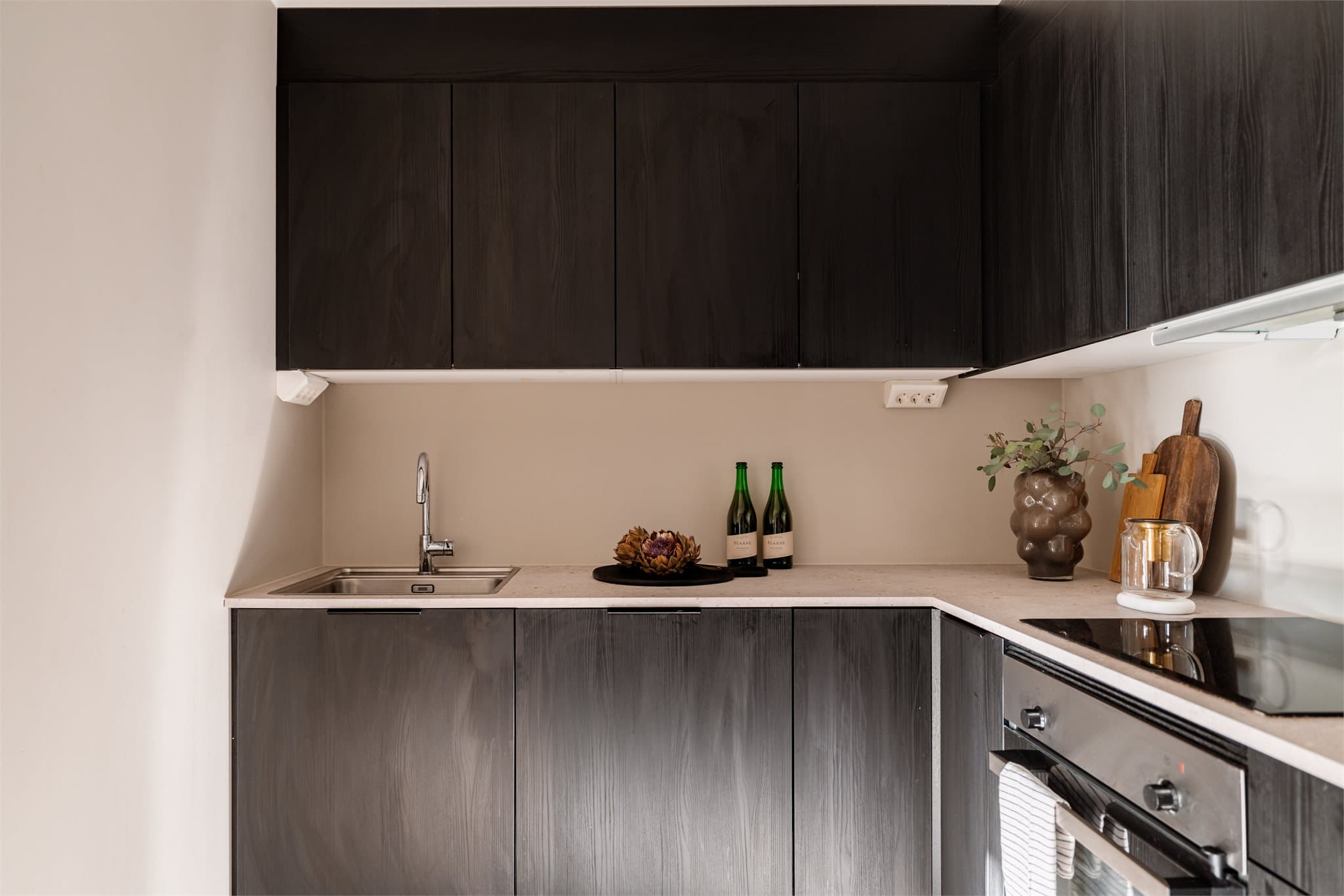 Alle hvitevarer er integrerte: platetopp, stekeovn, oppvaskmaskin og kjøl-/fryseskap.