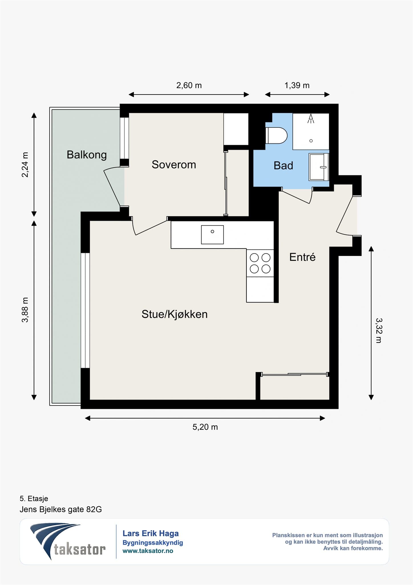 Plantegning. I tillegg disponerer leiligheten en loftsbod på 3 m².