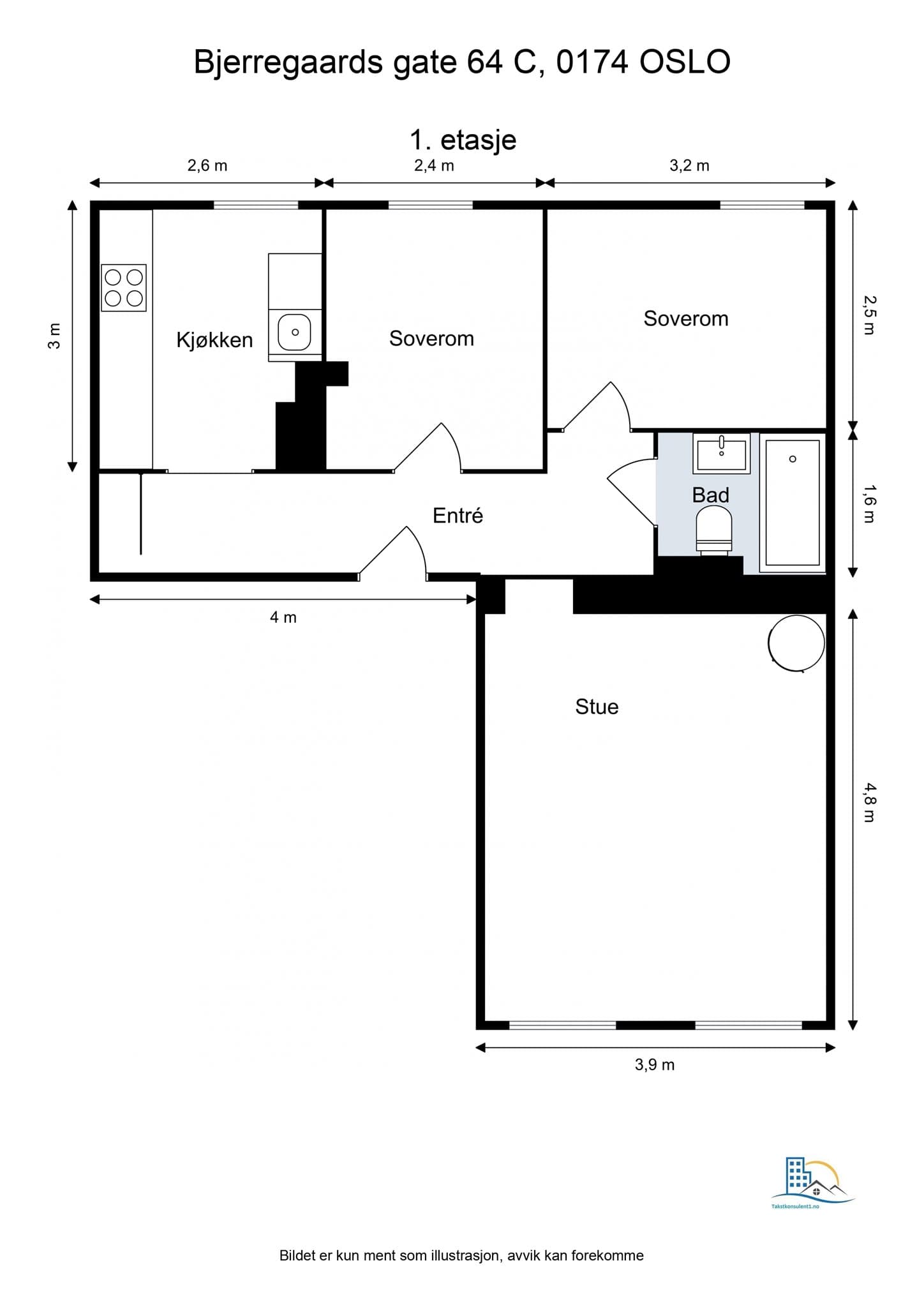 Plantegning. Leiligheten disponerer to boder på henholdsvis ca. 1,2 m² og ca. 6,6 m².