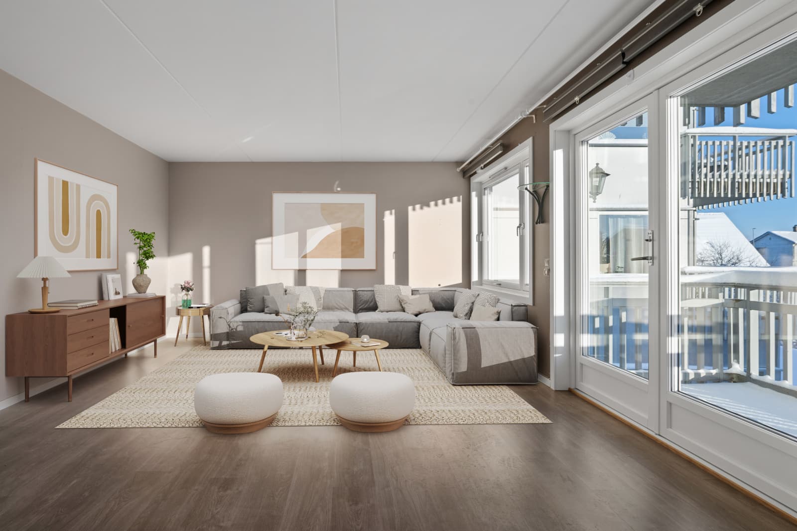 Det er montert plisségardiner over vindusflatene. Digitalt møblert bilde.