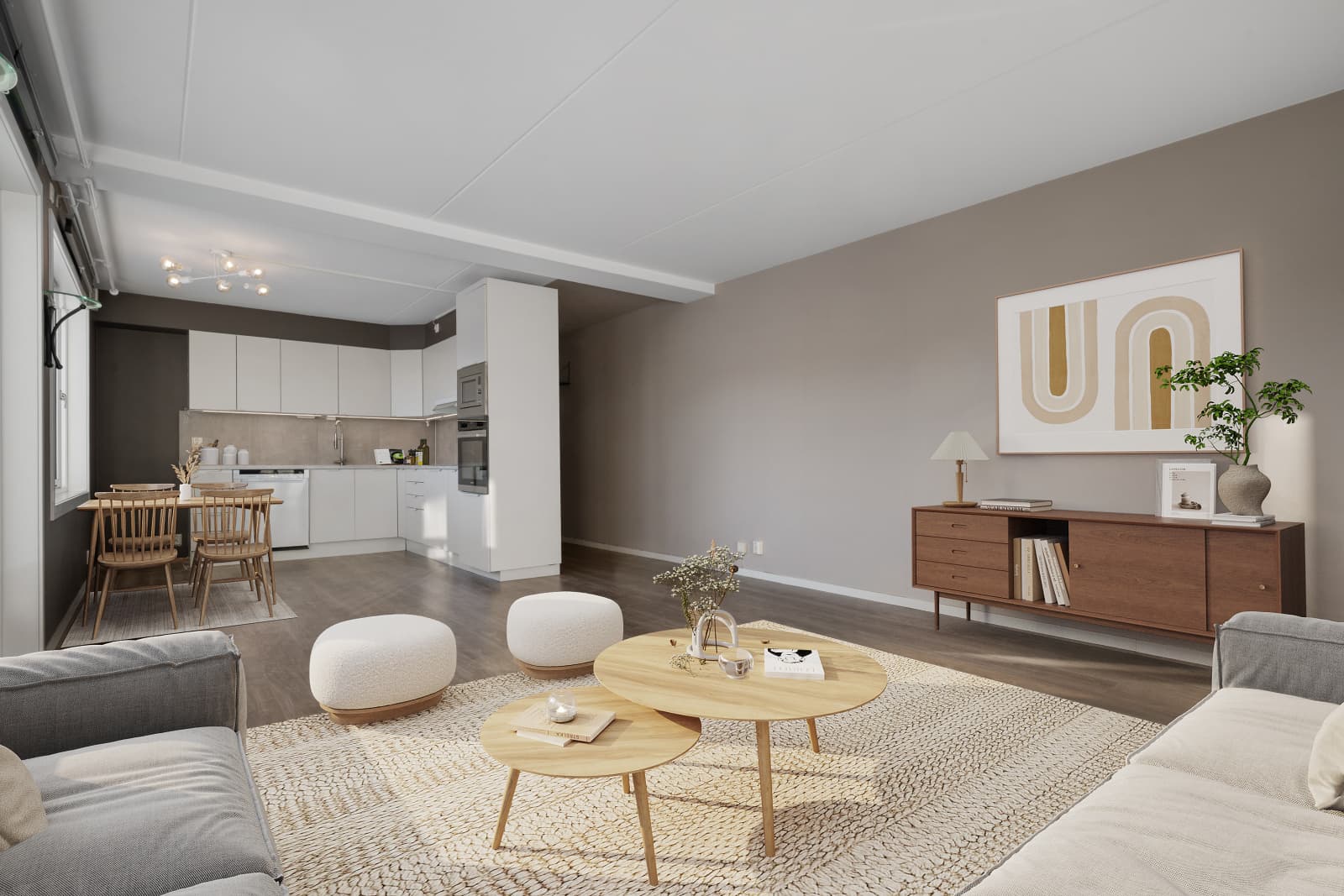 Stuen byr på flere møbleringsmuligheter. Digitalt møblert bilde.