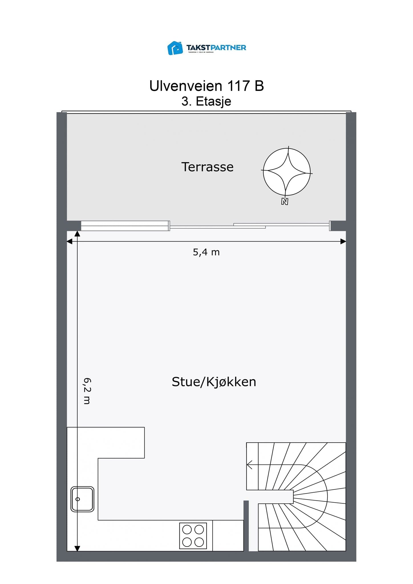Plantegning 3. etasje, består av en åpen stue- og kjøkkenløsning samt balkong. I tillegg disponerer boligen en bod.