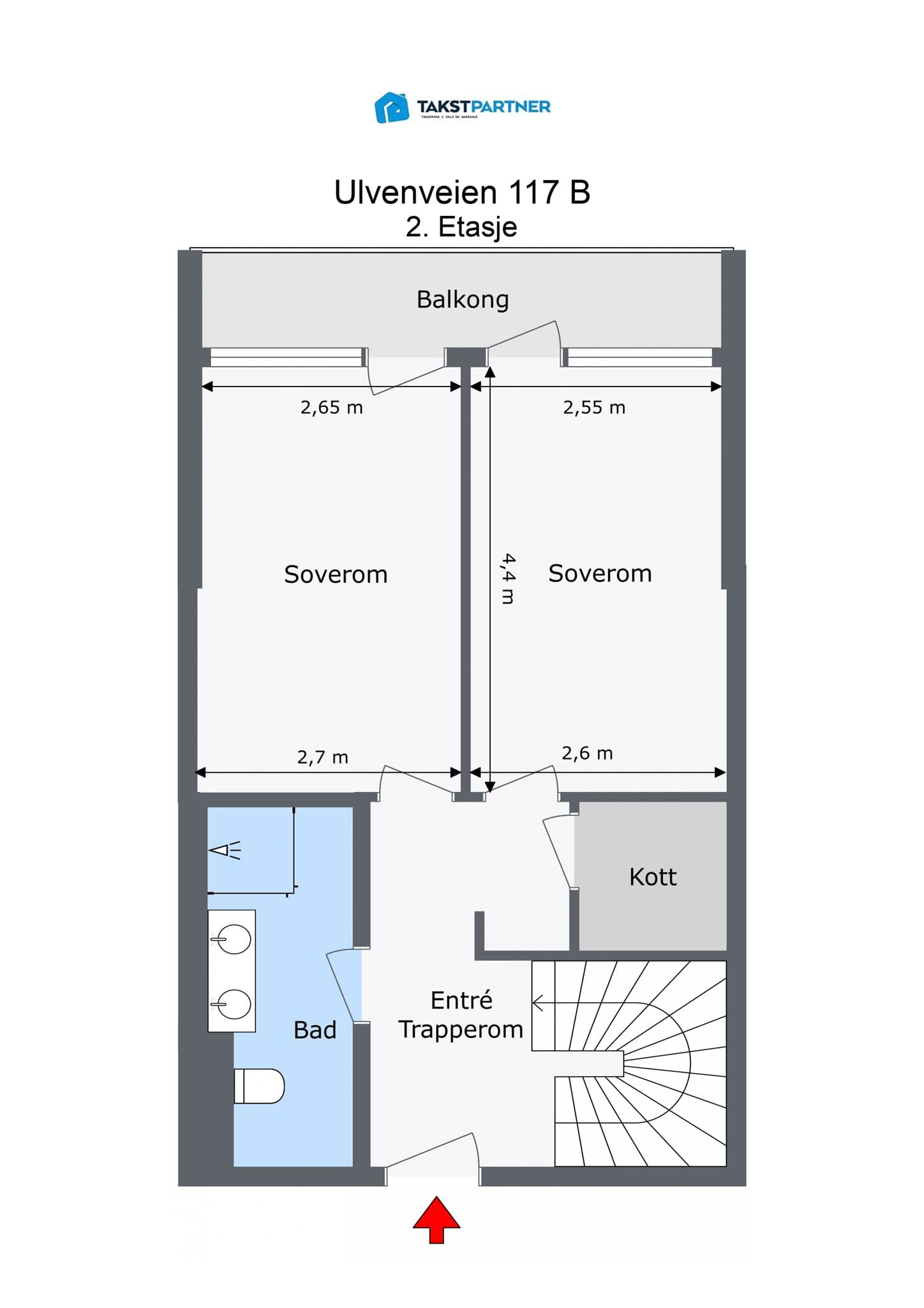 Plantegning 2. etasje: inneholder entré, bad, kott og to soverom.
