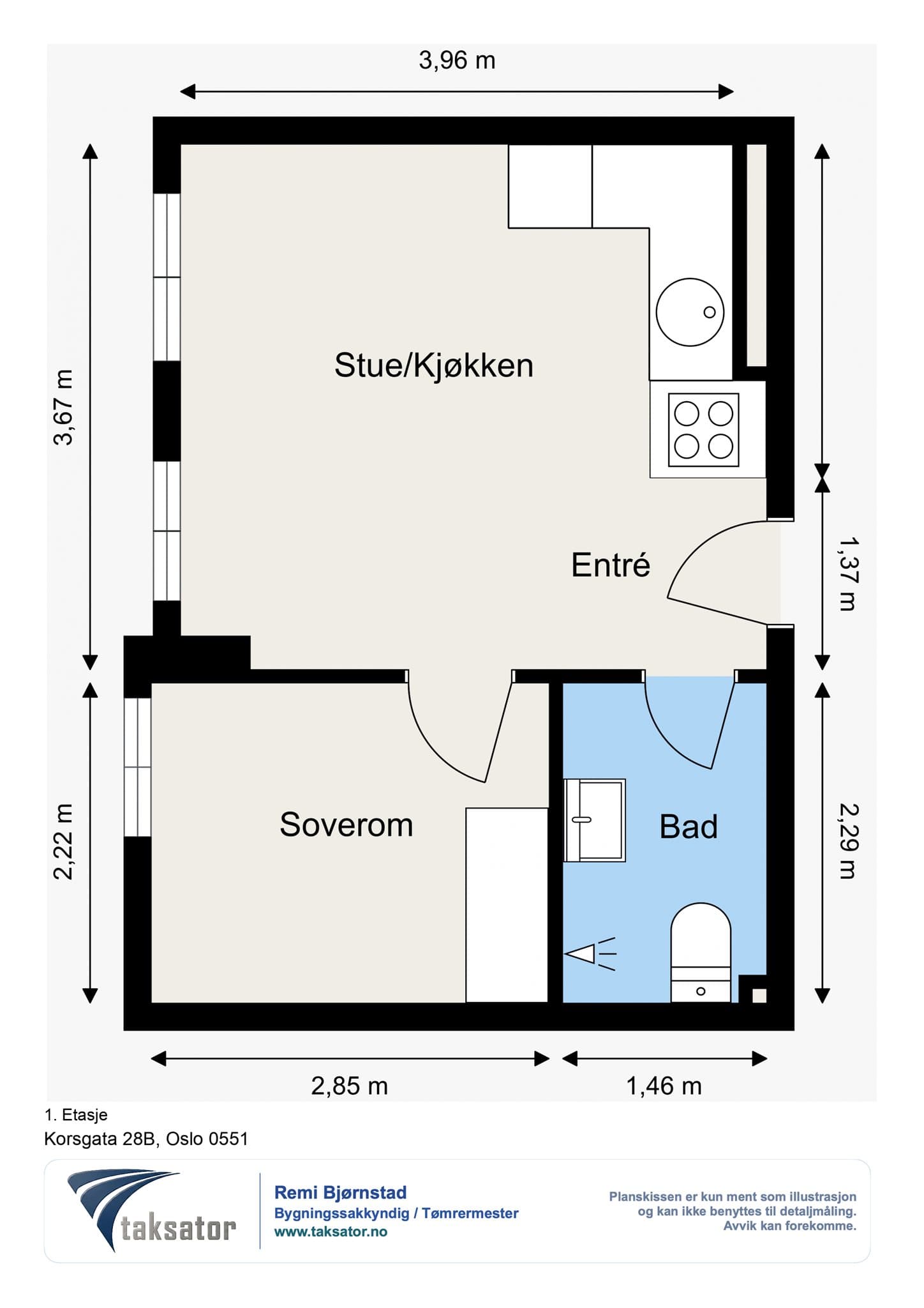 En arealeffektiv planløsning som utnytter hver kvadratmeter, med adskilt soverom.