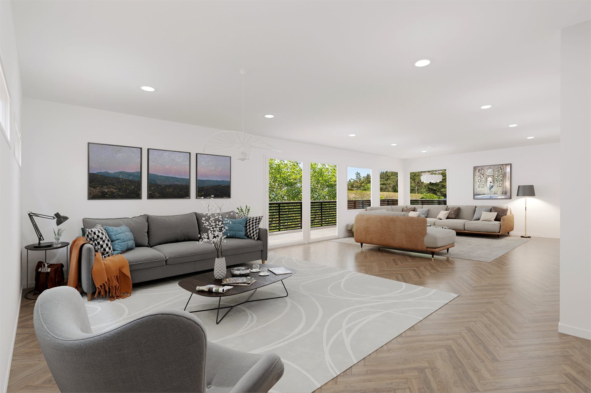 - Digital presentasjon av stuen innredet med sittegrupper i hver sin naturlige sone (digitalt fremstilt) -