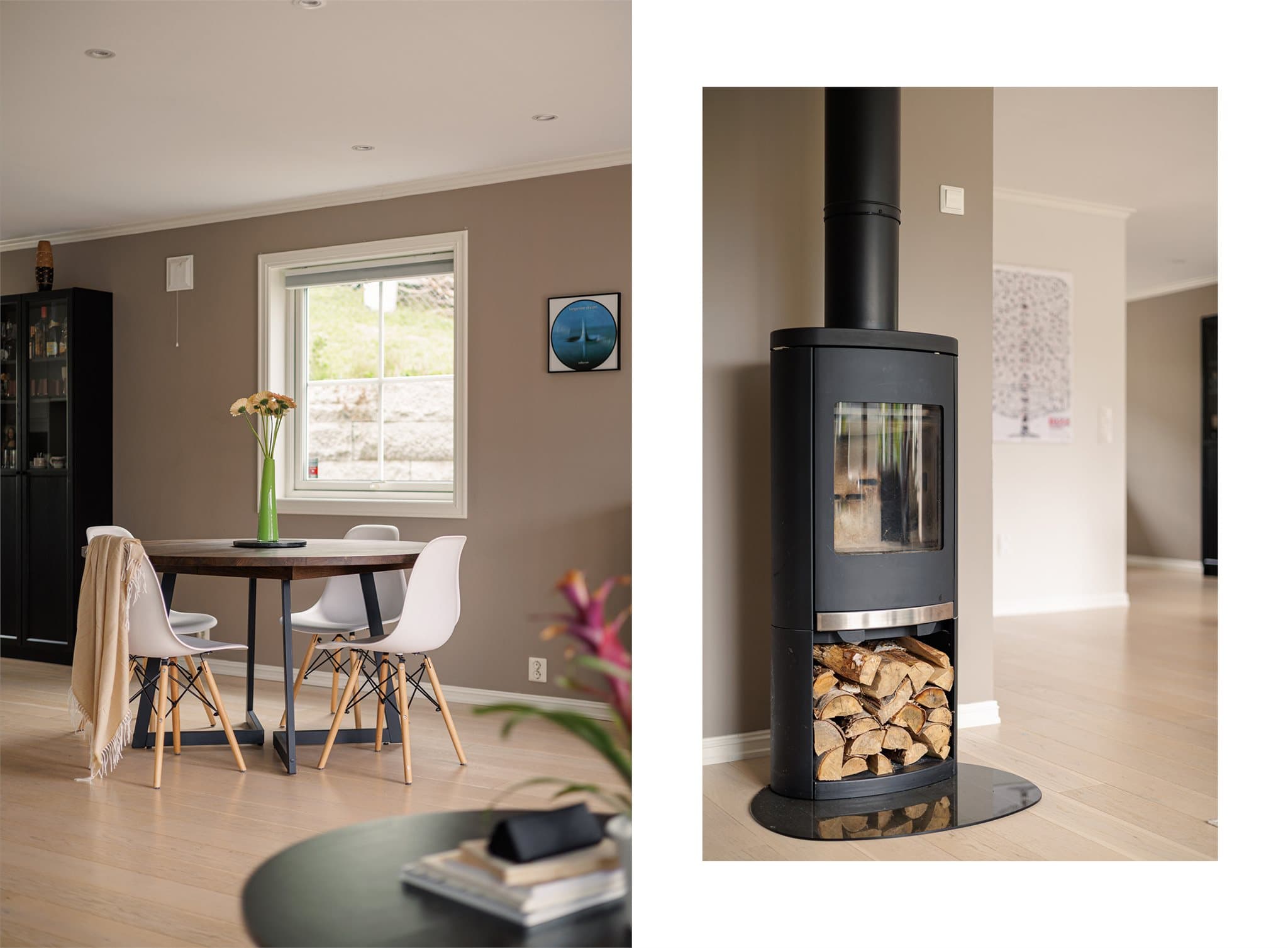 Stuen er utstyrt med peisovn, noe som gir både lun varme og ekstra hygge på kaldere dager.
