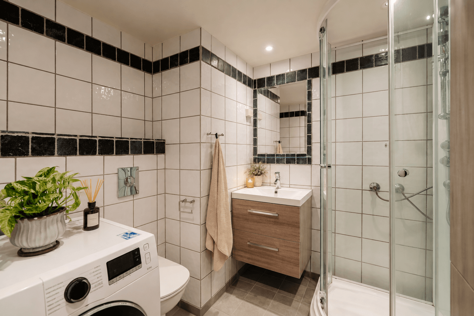 Leiligheten har et pent flislagt bad, med downlights i himlingen og gulvvarme. Badet er innredet med dusjkabinett, servantinnredning med glatte fronter, vegghengt klosett og opplegg for vaskemaskin.