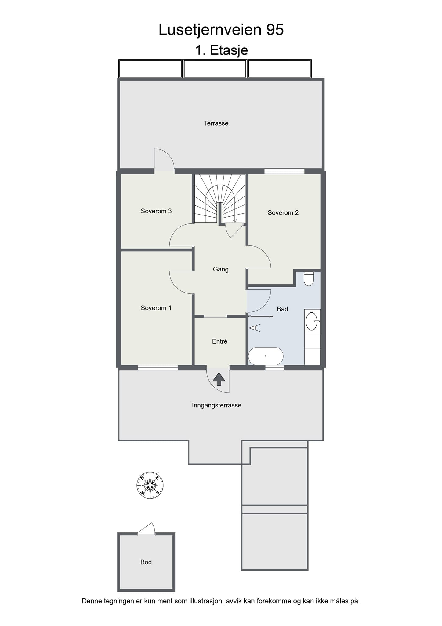 Første etasje har en praktisk planløsning med entré, tre soverom og et moderne bad.