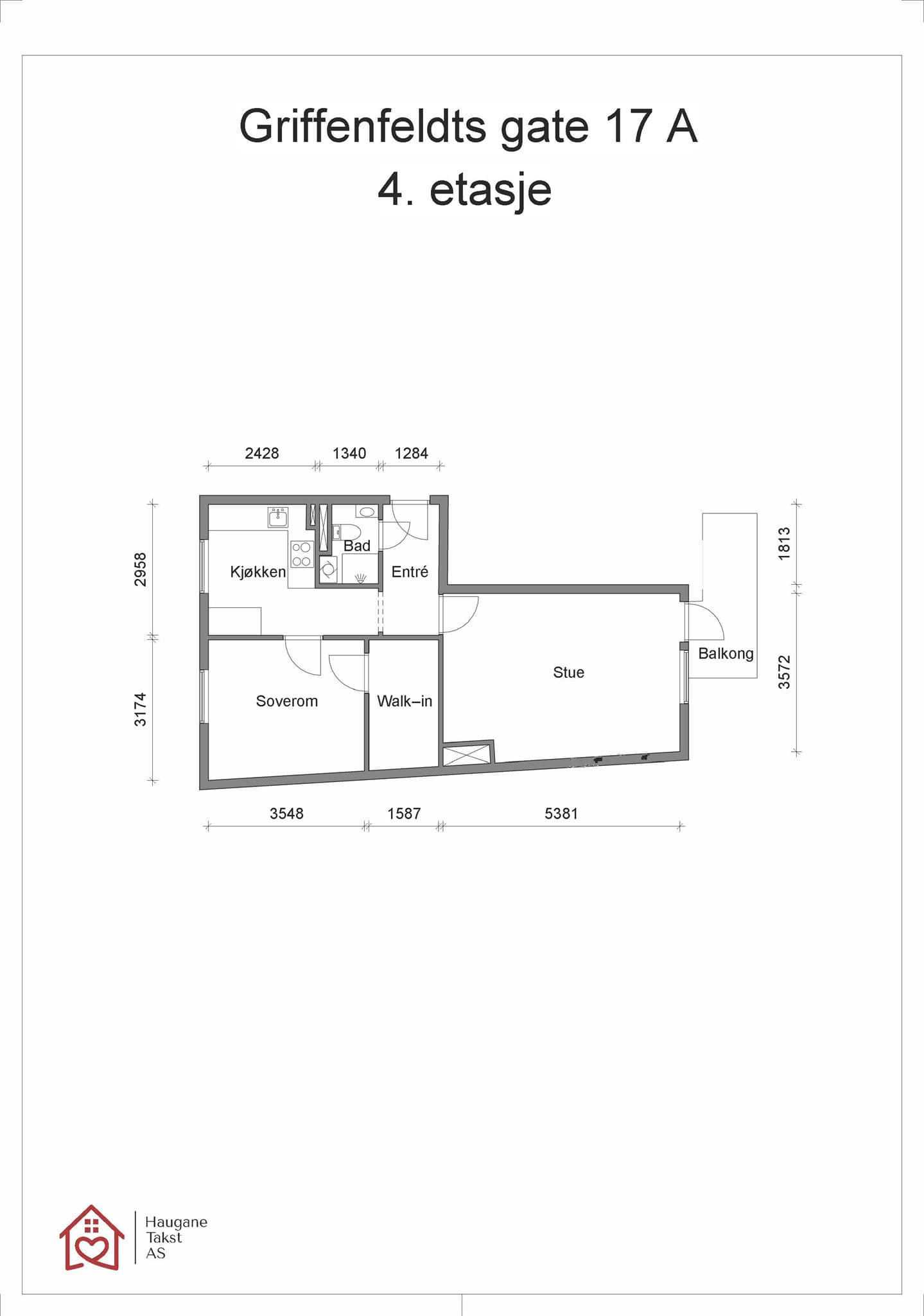 Plantegning. Leiligheten disponerer en kjellerbod på ca. 5 m² og en loftsbod på ca. 4 m².