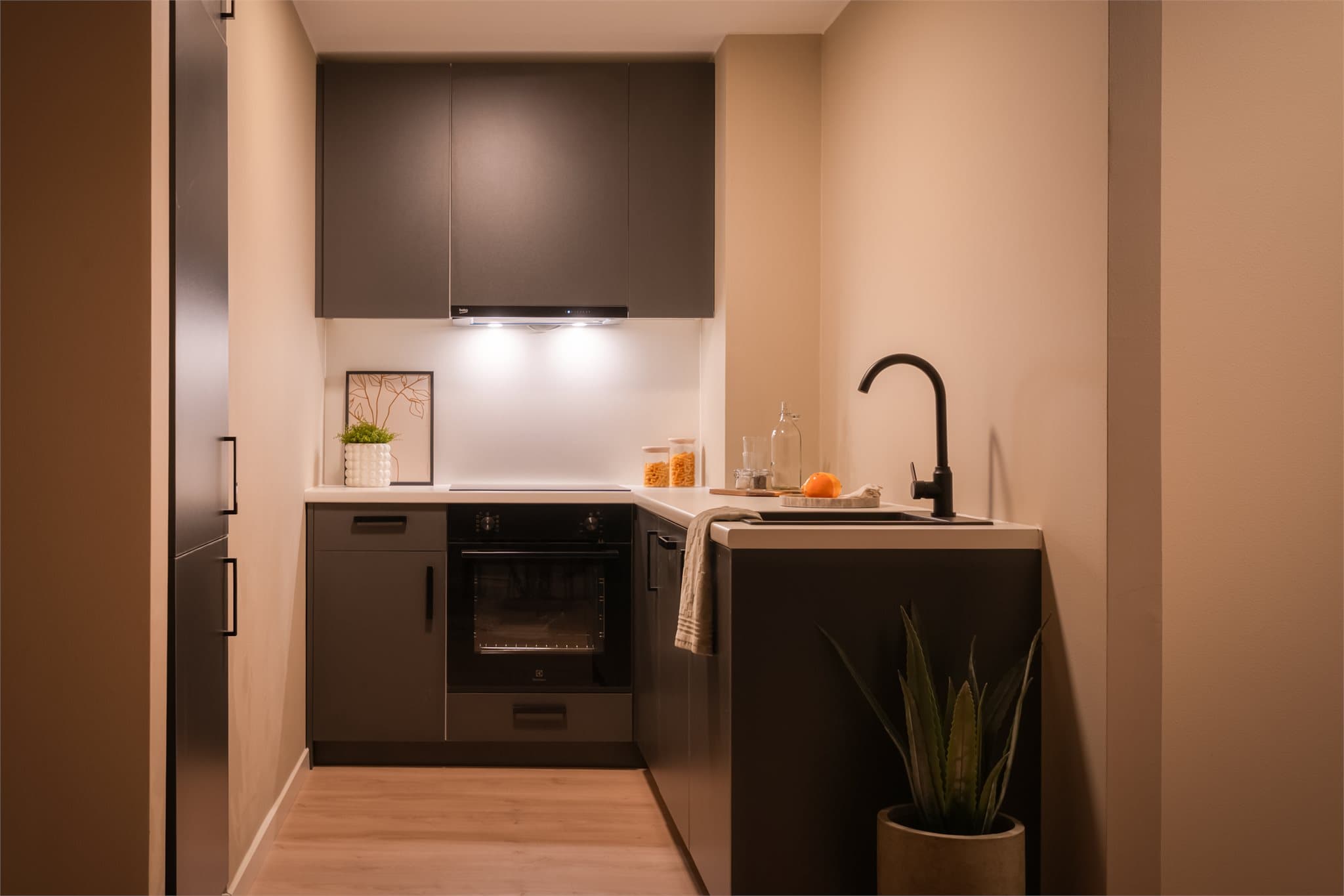 Kjøkkenet er utstyrt med keramisk platetopp, stekeovn og integrert kjøleskap.