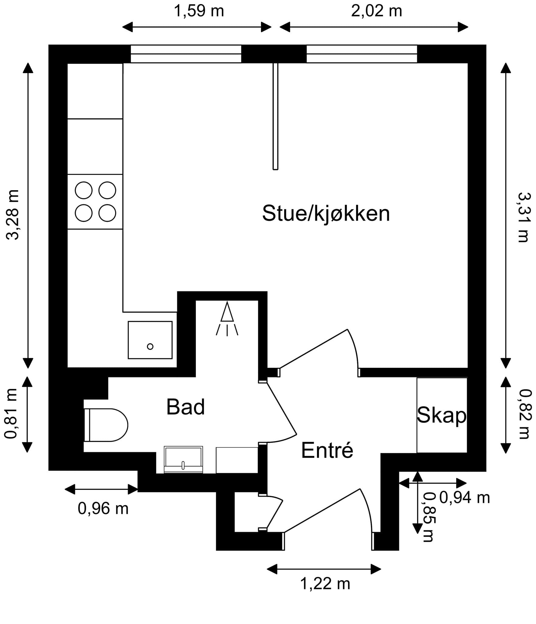 Planløsning. Leiligheten disponerer også en bod på loftet med et gulvareal på ca. 4 m² (areal med lav takhøyde) og et skap til oppbevaring i kjelleren.