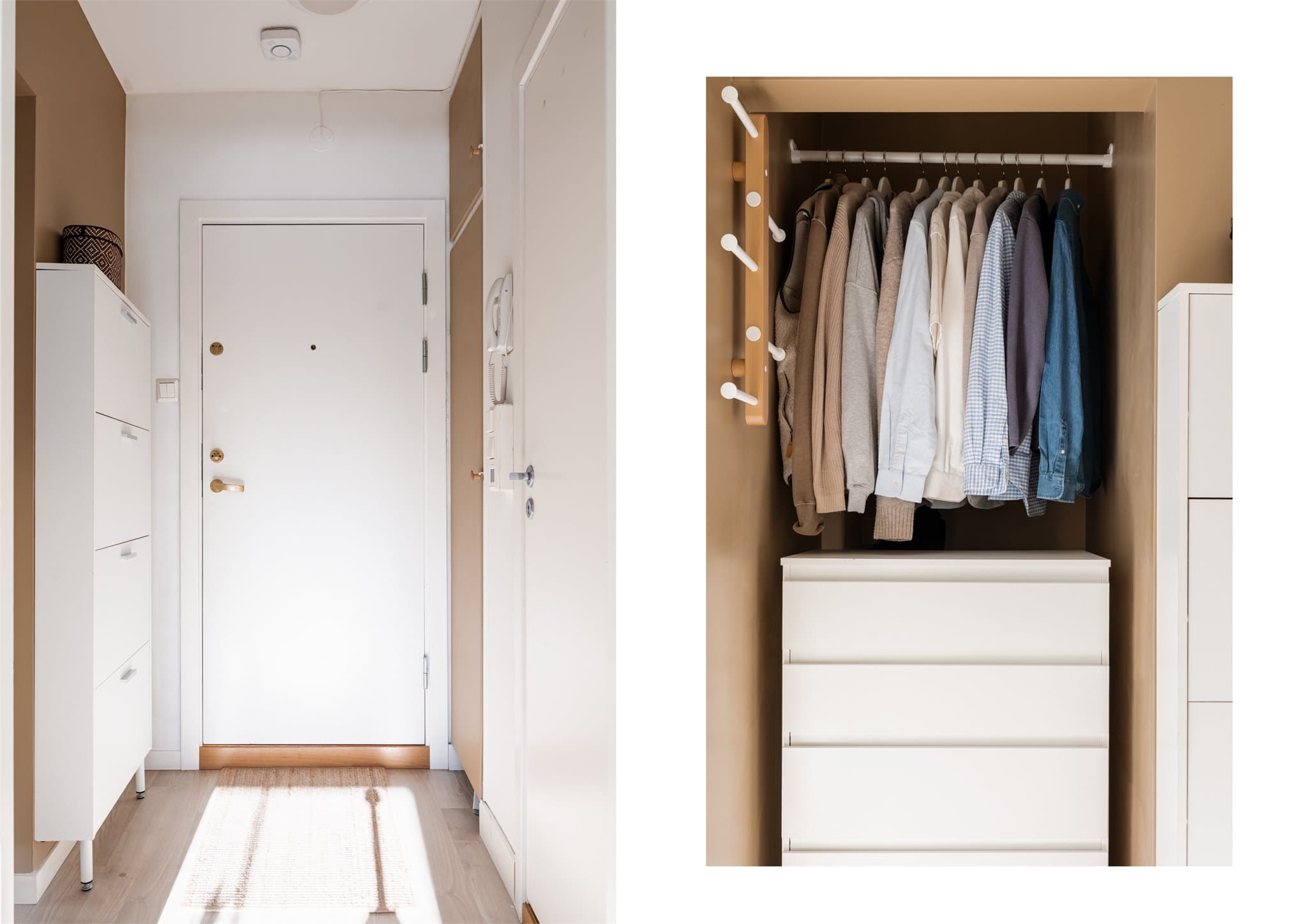 Entréen har en plassbygd garderobeløsning fra gulv til tak som gir rikelig med lagringsplass, i tillegg til en egen, smart utnyttet sone med kommode og oppheng for klær.