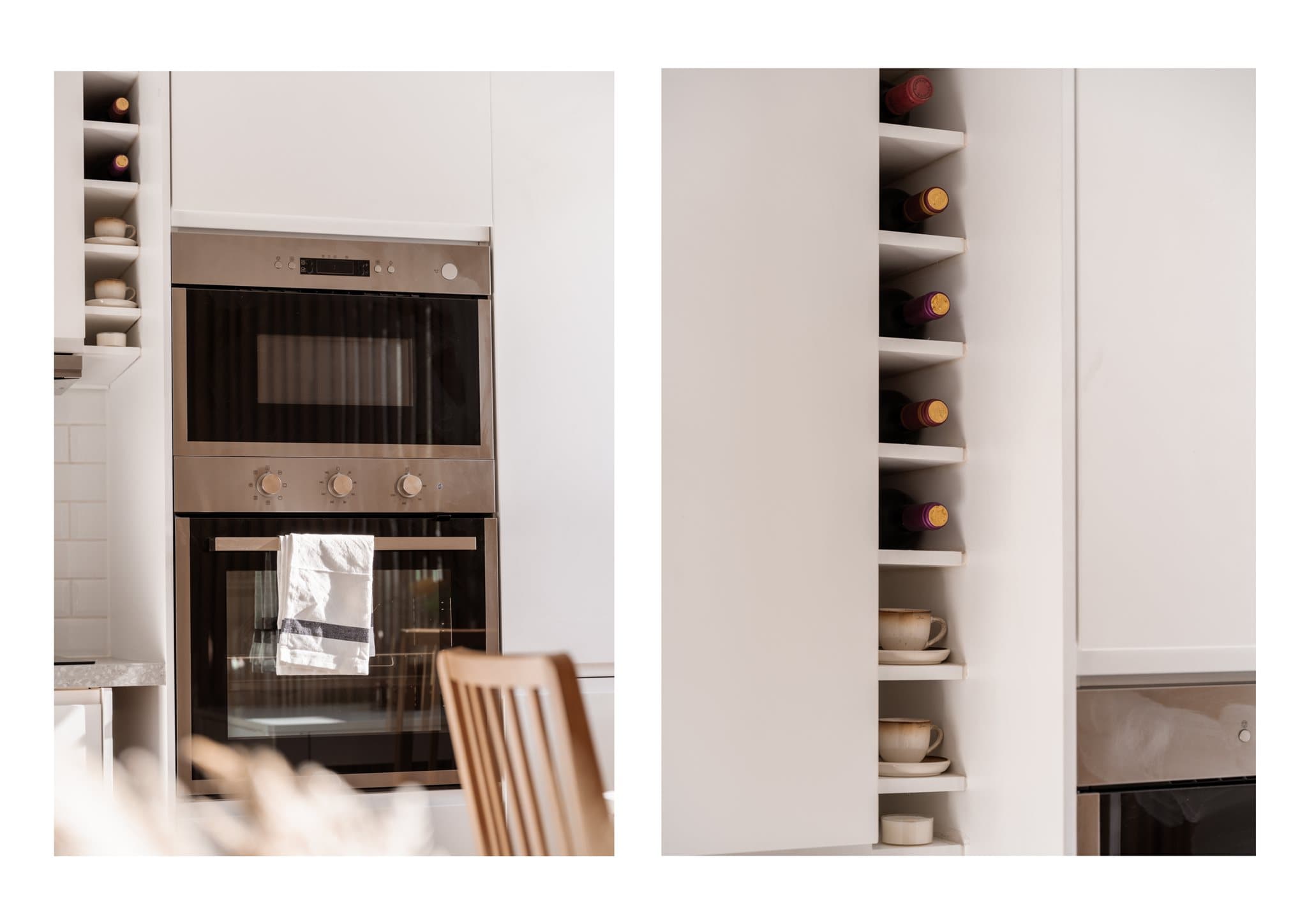 Integrert stekeovn og mikrobølgeovn i praktisk arbeidshøyde, samt smarte oppbevaringsløsninger.
