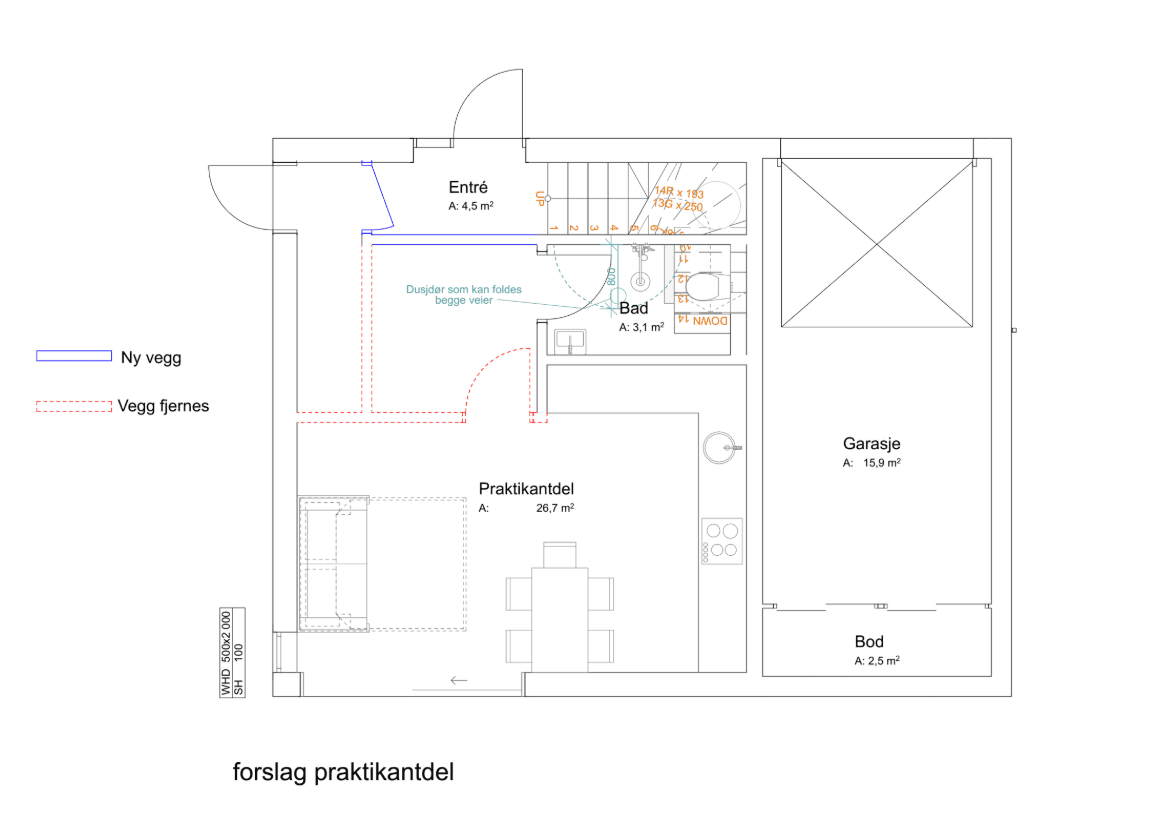 Forslag til praktikantdel i 1. etasje.