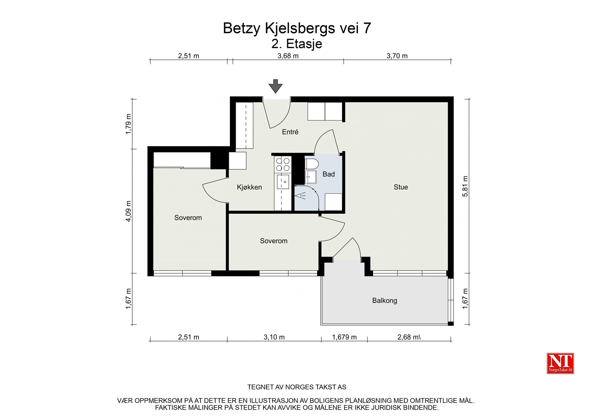 Leiligheten har en svært arealeffektiv planløsning på 53 m² som omfatter entré, to soverom, bad, kjøkken og stue.