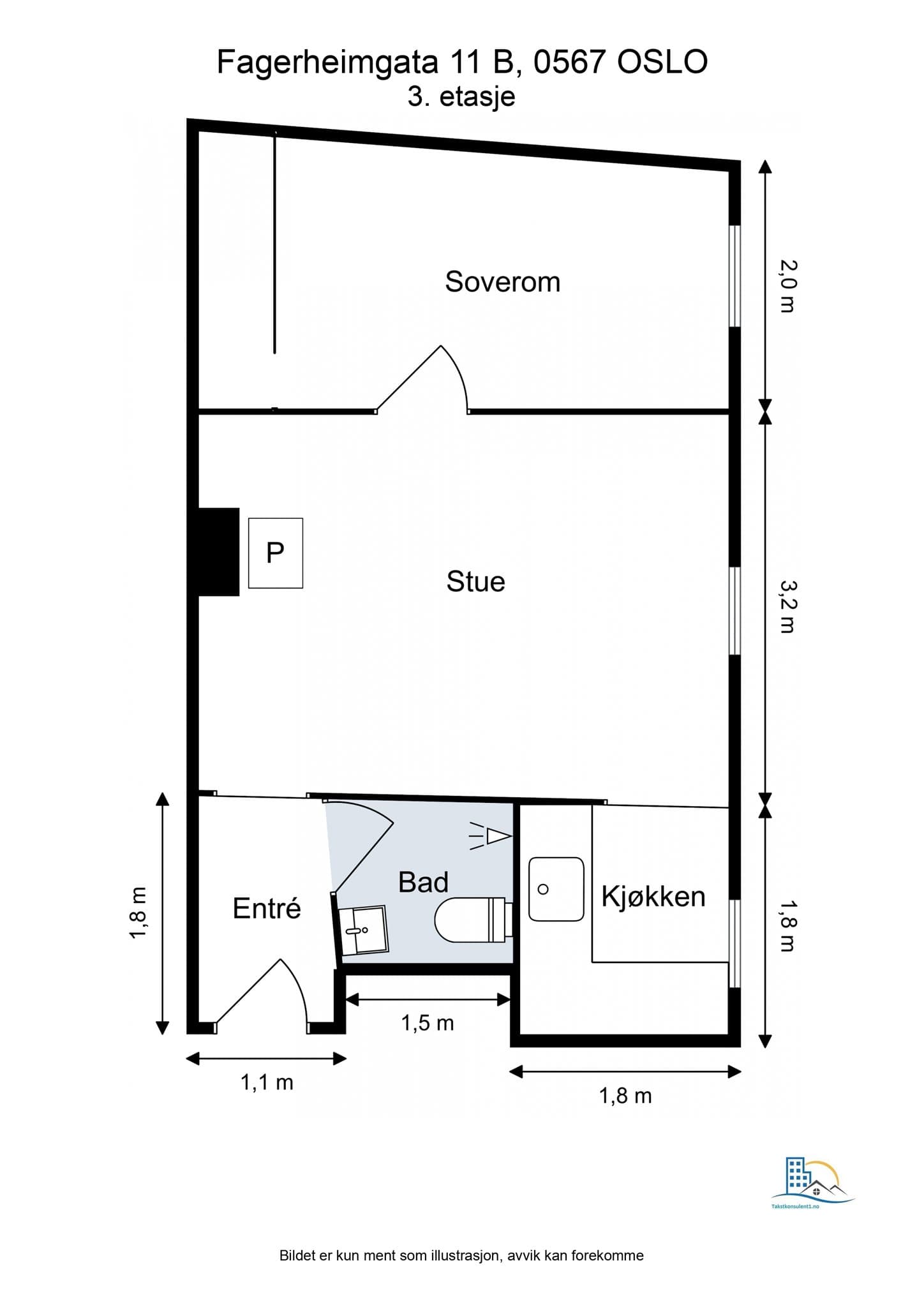 Plantegning. Leiligheten disponerer en kjellerbod på ca. 2,8 m² og en skapbod på ca. 0,4 m².