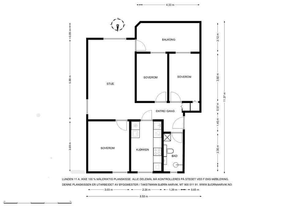 Plantegning. Leiligheten disponerer en kjellerbod på 4 m² og en loftsbod på 5 m².