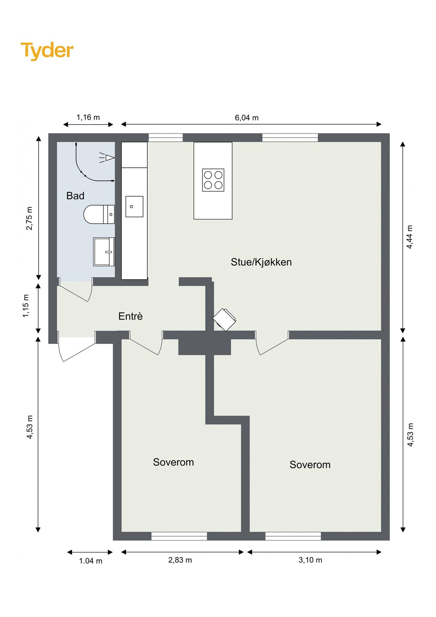Plantegning. Leiligheten disponerer en bod på loftet på 2 m².