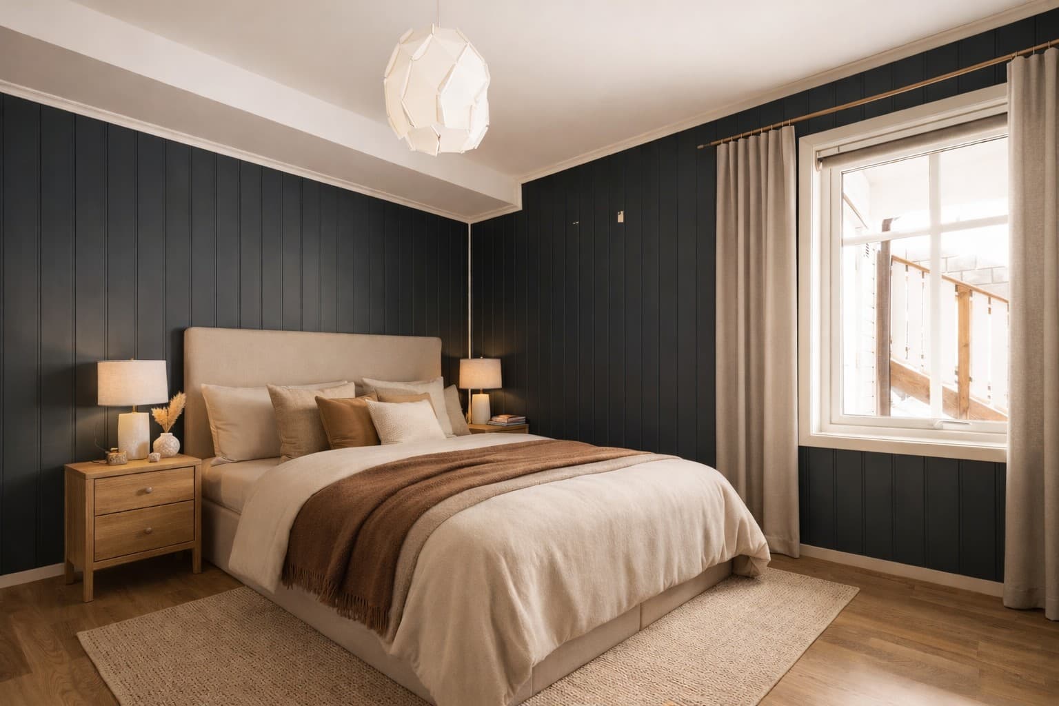 Hovedsoverommet er malt i en dyp blånyanse. Digitalt møblert.