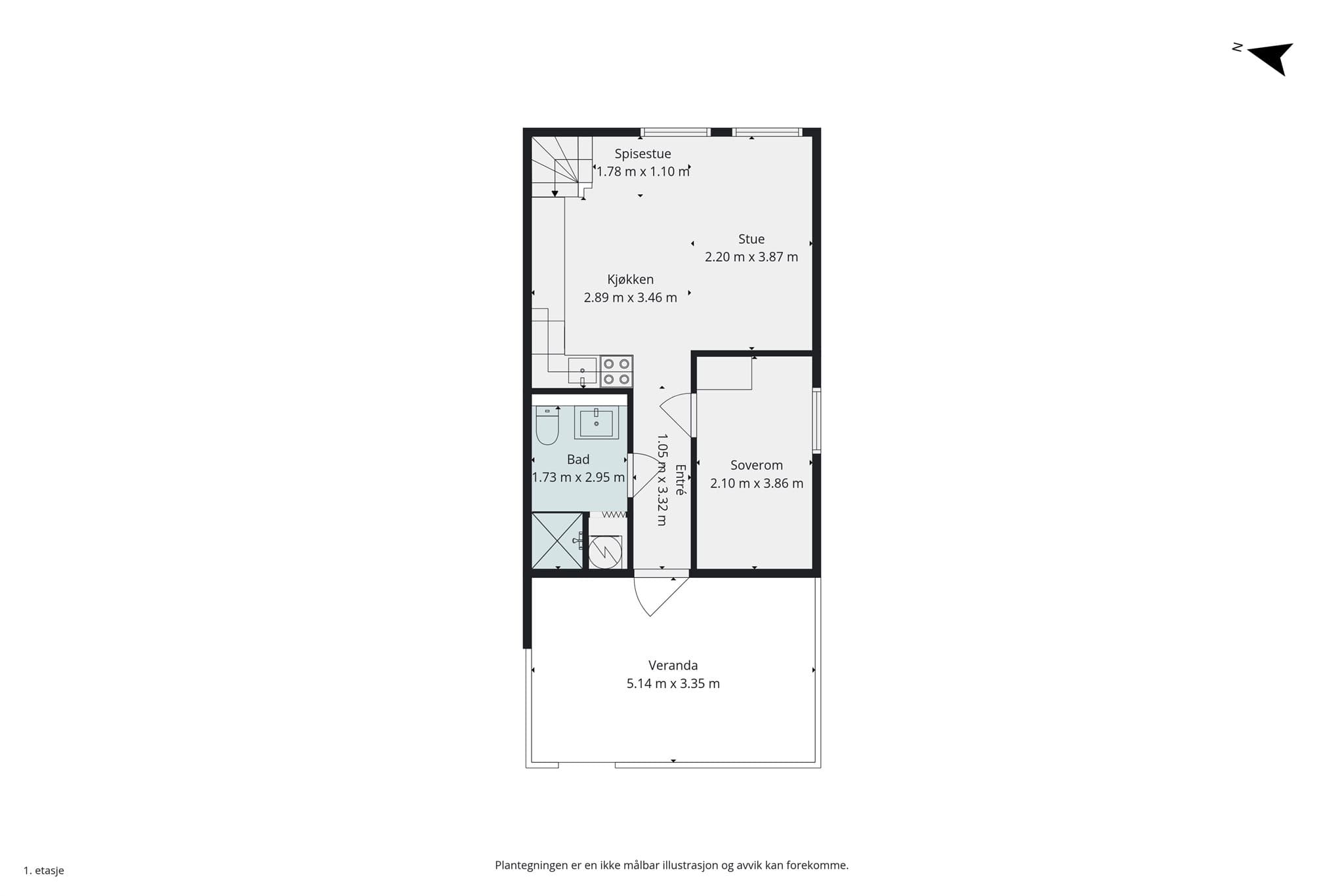 Leilighetens 1.etasje består av entré, kjøkken, stue, bad og soverom.