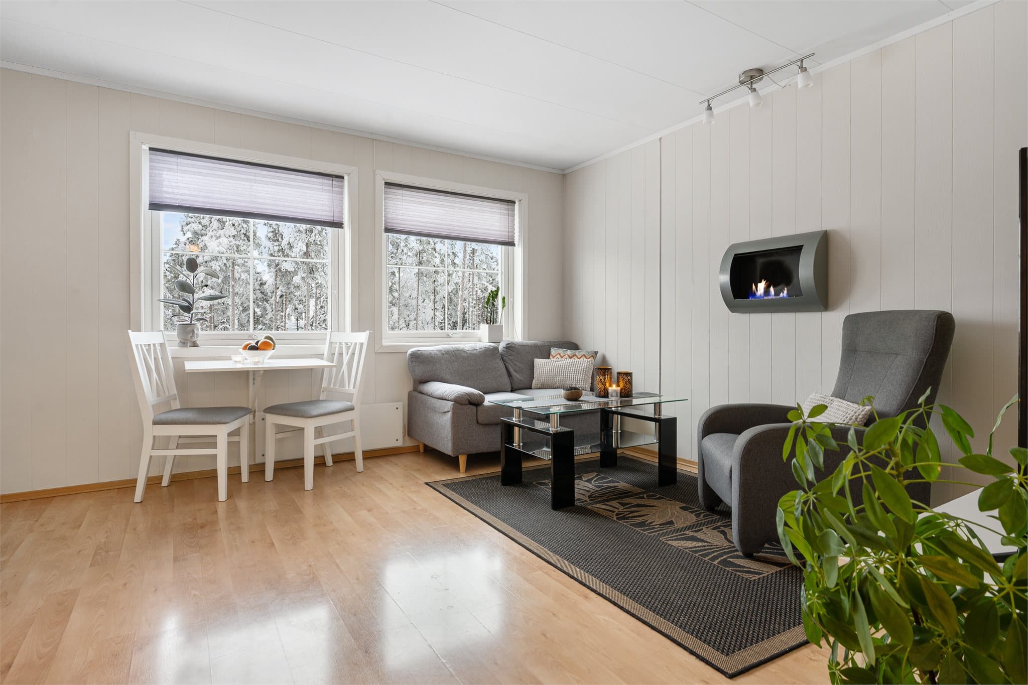 Det er montert biopeis på vegg og elektriske panelovner.