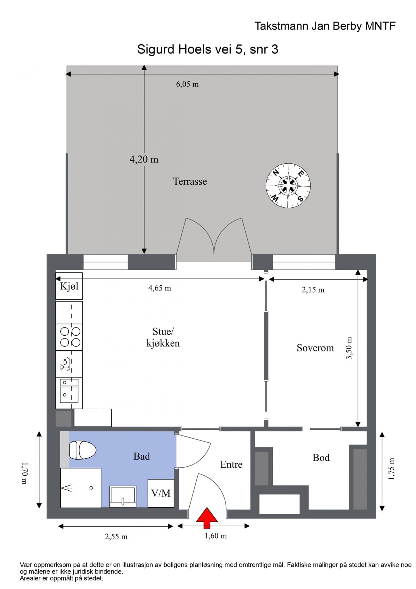 Plantegning. I tillegg disponerer leiligheten en kjellerbod på 5 m².